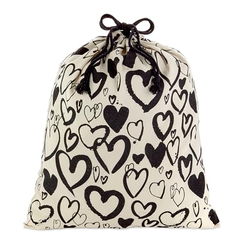 Hallmark 19' Large Canvas Bag with Drawstring (Ivory with Black Hearts) for Valentine's...