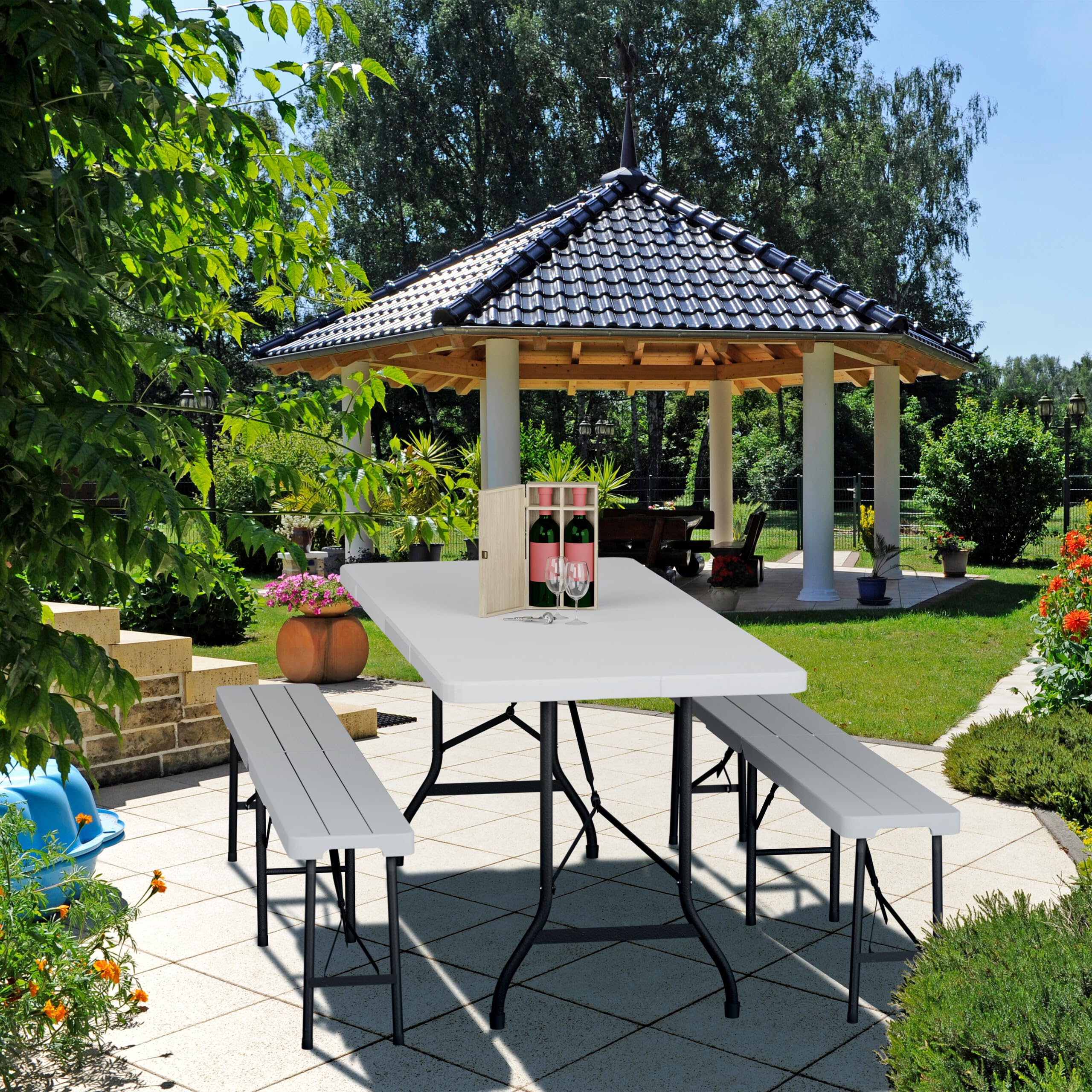 Relaxdays Table de Jardin Pliante, 72 x 180 x 74 cm, Plastique et Acier, 8 Personnes, Table de Camping, Blanche