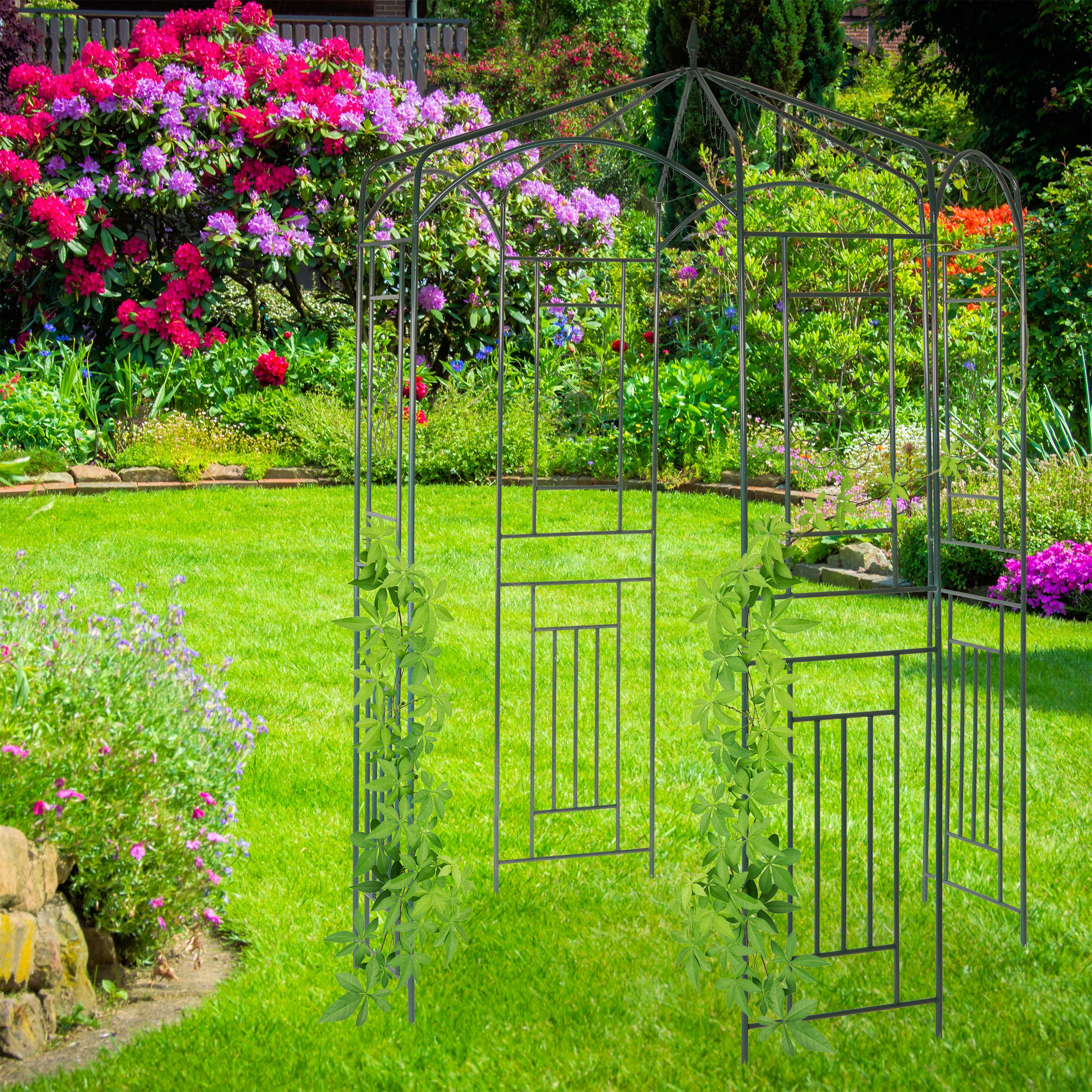 Relaxdays Rosenpavillon Metall, Rankhilfe für Kletterpflanzen, Garten, dekorativer Rankpavillon, HBT 250x160x160cm, grün, Dunkelgrün