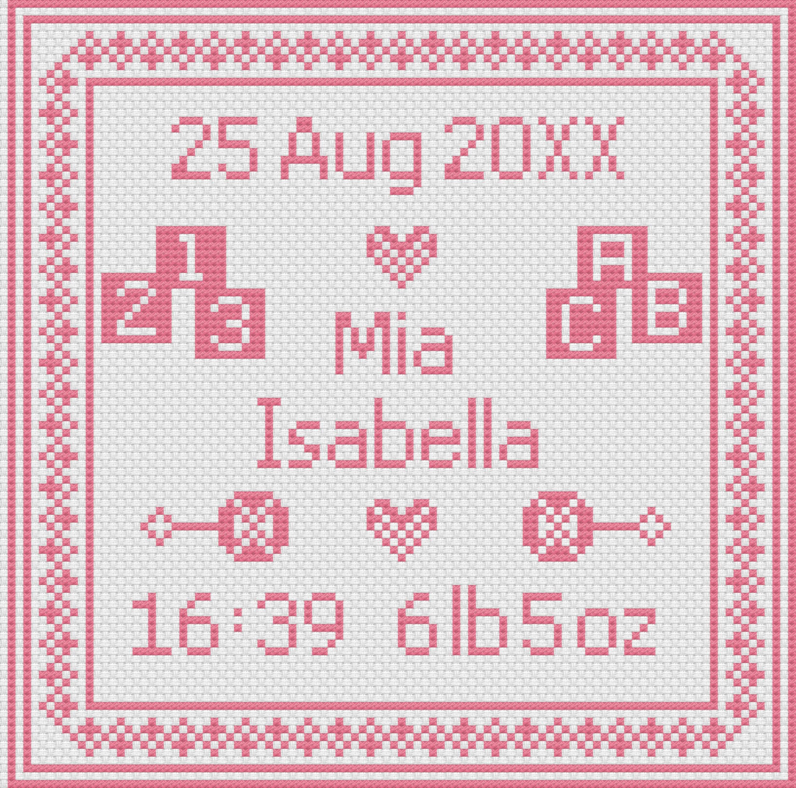 Pink Square Birth Sampler Girl Cross Stitch Kit