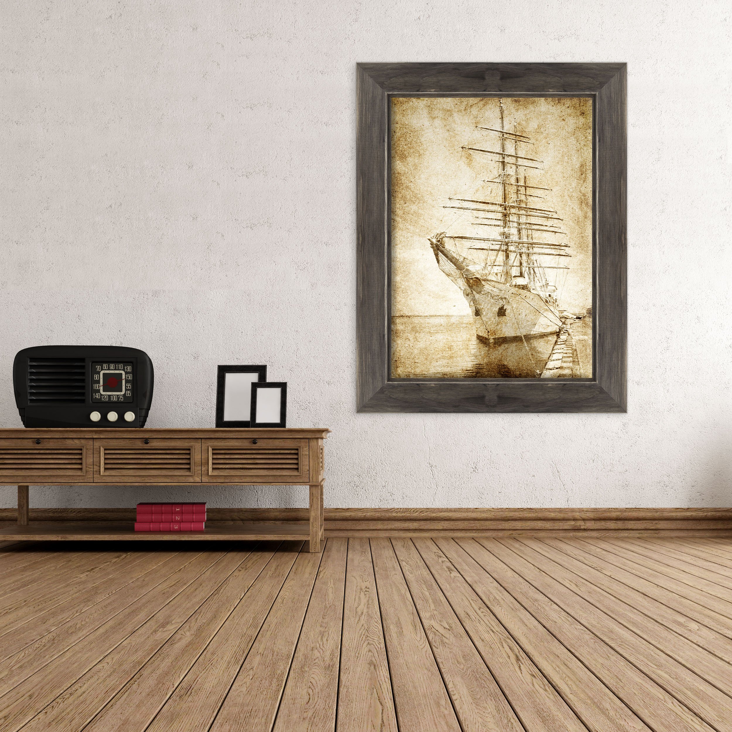 Quadro su Tela Canvas INTELAIATO - con Cornice - Barca a Vela Amerigo Vespucci - 50x70cm - Stile Country Nero Shabby - (cod.1418)
