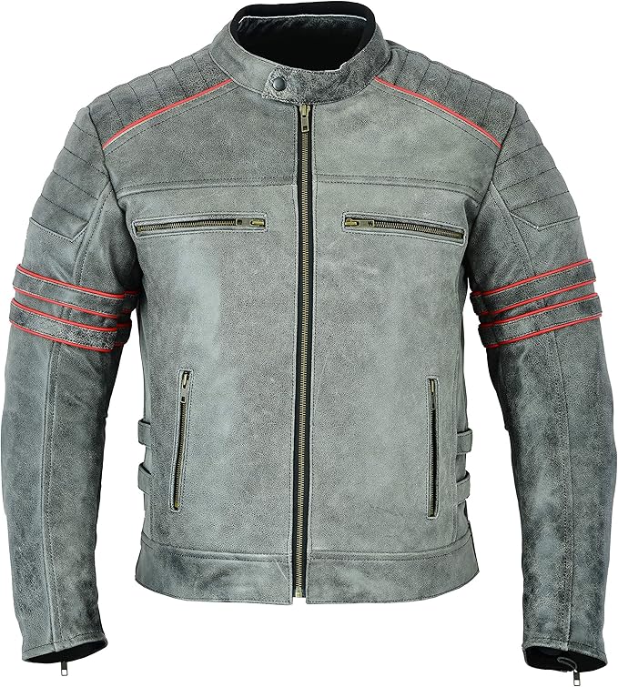 Amazon Co Jp オートバイジャケット メンズ レザー ヴィンテージ バイカー ディストレスト カフェ レーサーアーマースタイル 通気 Ce アーマー グレー レッド Dc 2808a 車 バイク
