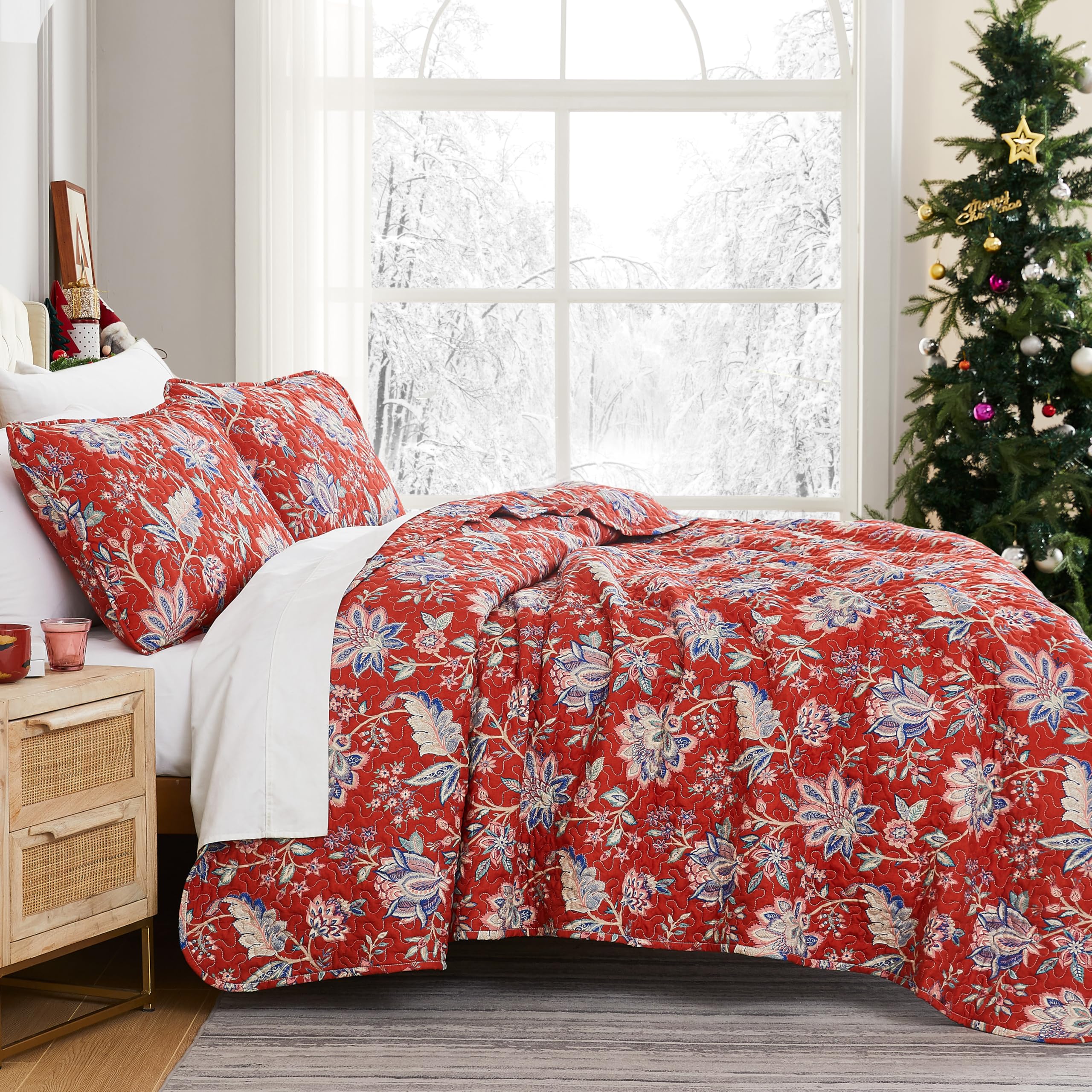 (similar)Southshore Fine Living, Inc. Queen Quilt Bedding Set, Jacobean Willow Floral Quilt Set Queen or Full Size with 2 Matching Pillow Shams, Lightweight Bedspread, Soft and Cozy, Red