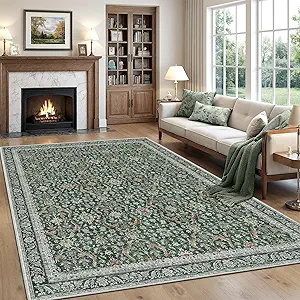 Rugland 5x7 Area Rugs - Stain Resistant Washable Rug, Anti Slip Rugs for Living Room, Vintage Tribal Area Rugs(Vintage01-Green, 5'x7')