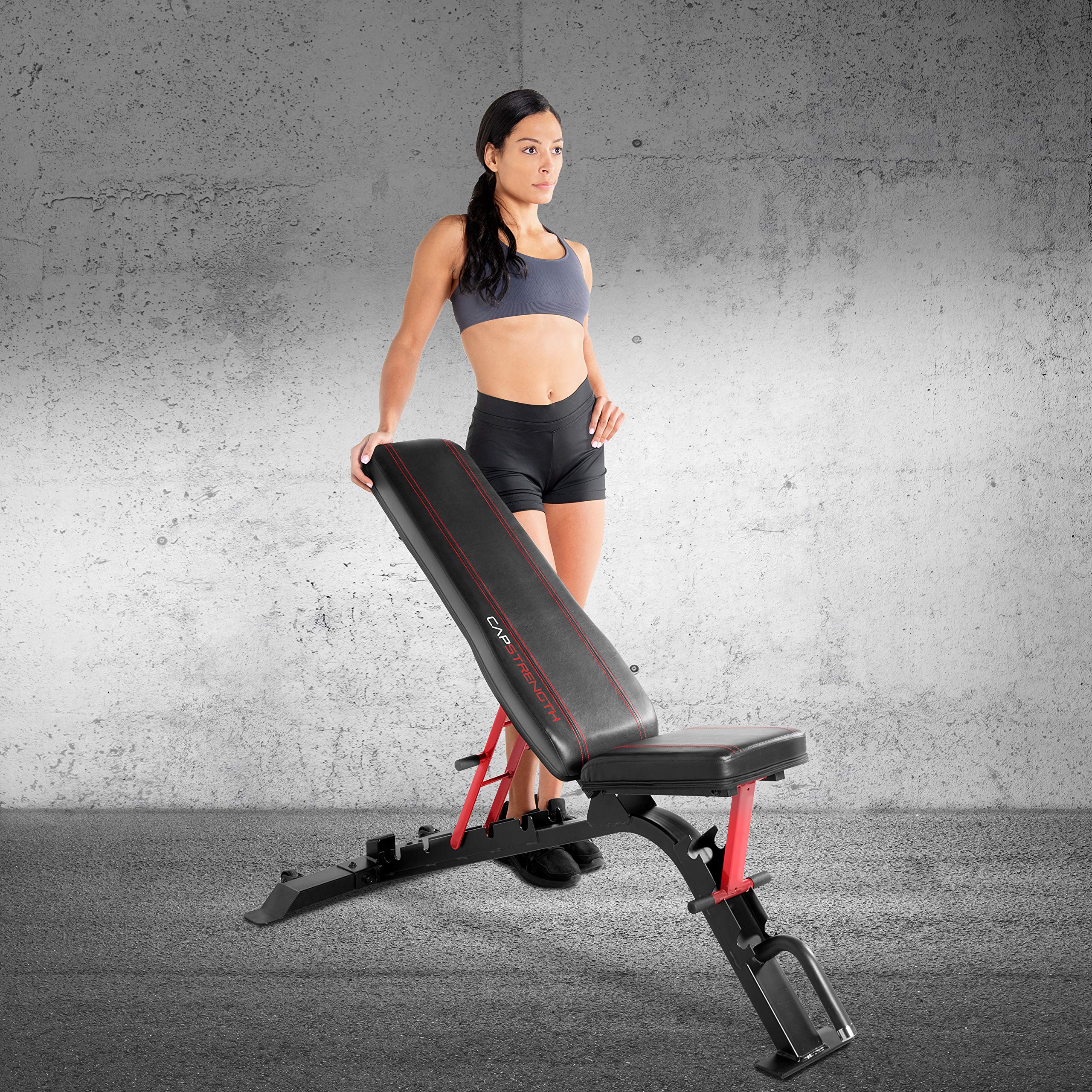 Barbell Strength FID Workout Bench | Flat Incline Decline Positions, Black/Red