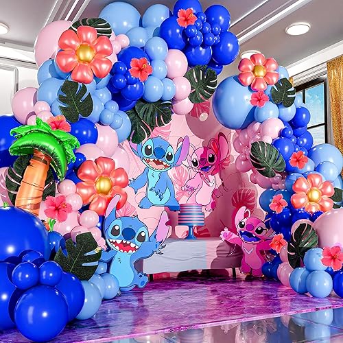 Miniatura 5 de BG - Kit de arco de globos de alienígena azul todo en 1 con palmera y flores tropicales para un lindo tema de criaturas espaciales, cumpleaños de