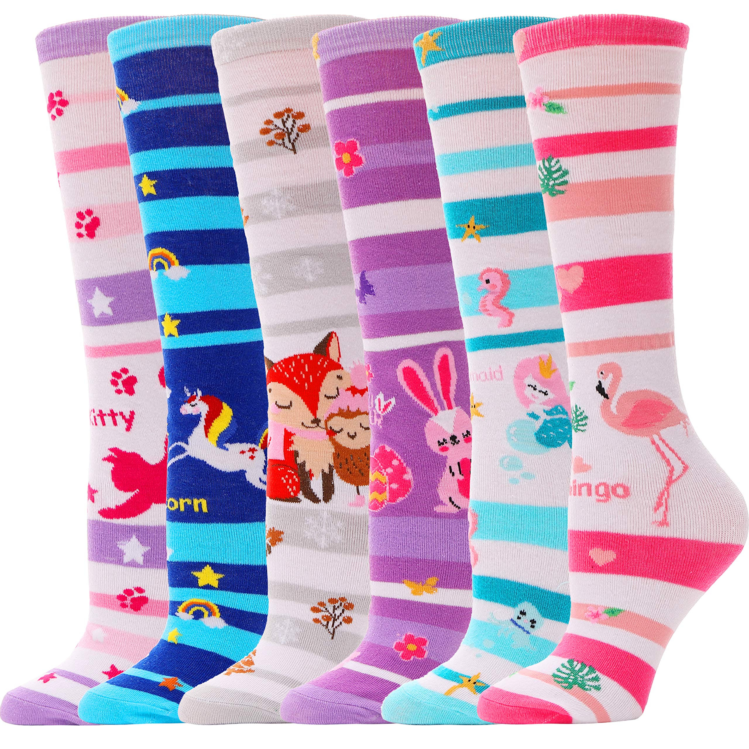 MOGGEI 6 Pairs Kids Girls Knee High Socks Gift Long Crazy Silly Tall Funny Boot Cute Animal Child Fun Socks
