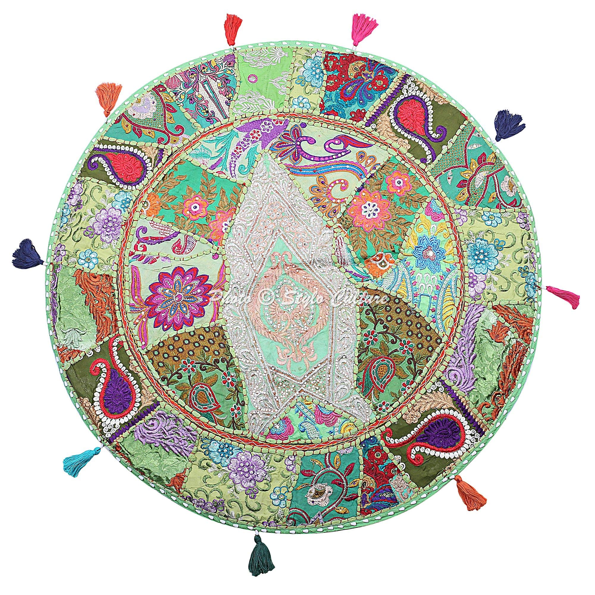 Stylo Culture Ethnic Boho Floor Pillow Vintage Patchwork Cushion Cover Parrot Green 28x28 Large Decorative Round Decor Seating Tuffet Seat Pouf Cover