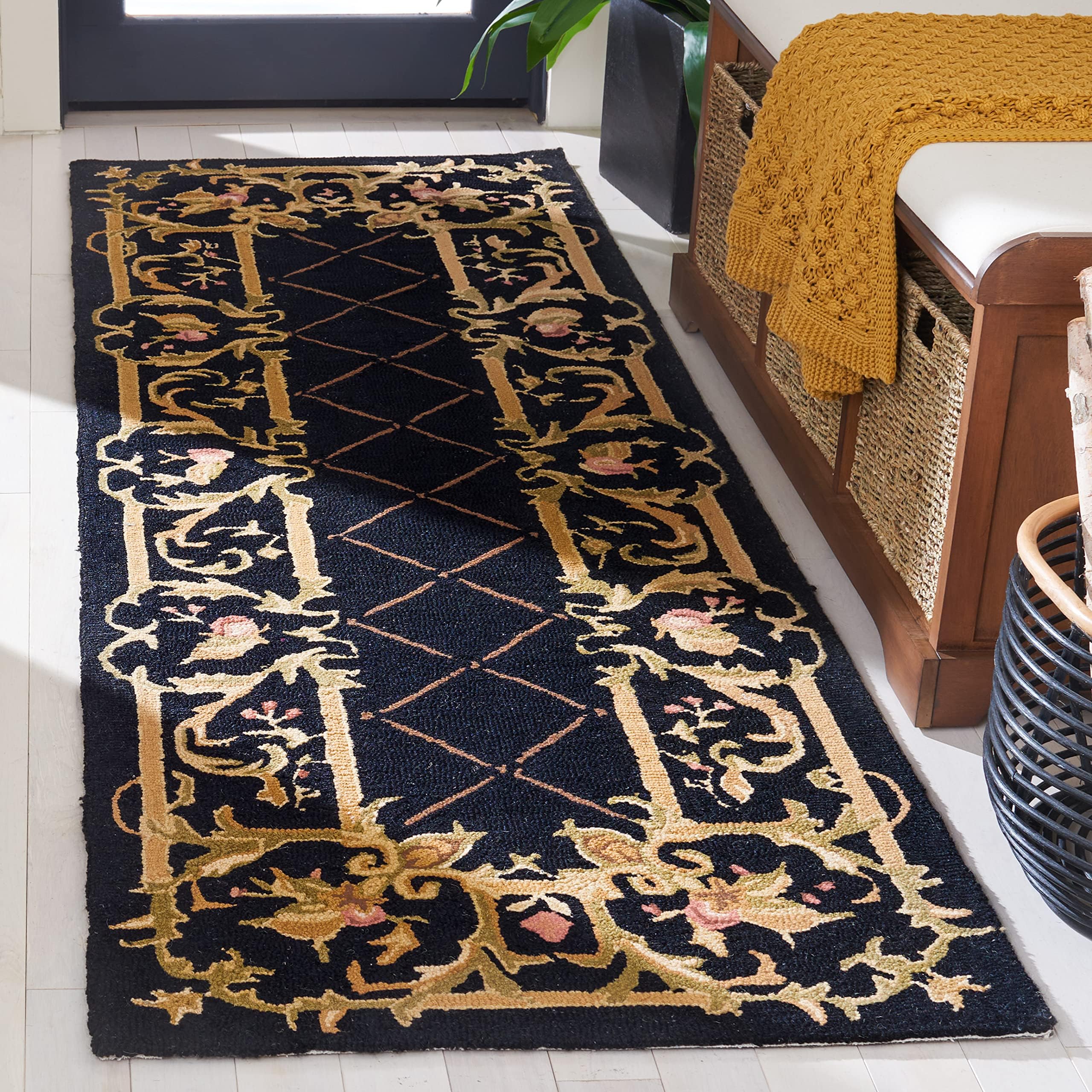 Chelsea Collection Runner Rug - 2'6" x 8', Black, Hand-Hooked French Country Wool, Ideal for High Traffic Areas in Living Room, Bedroom (HK333B)
