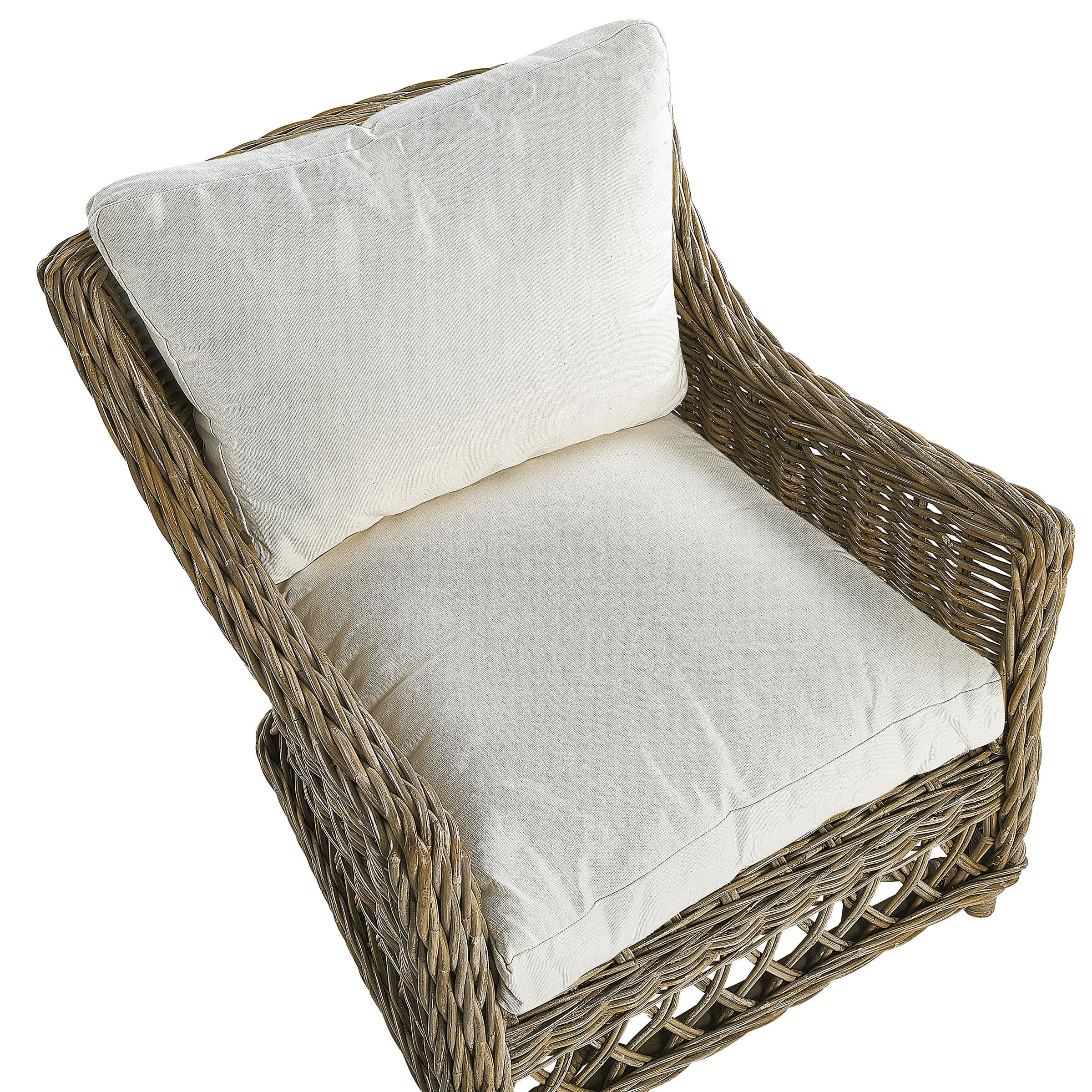 Poltrona da giardino in rattan naturale con cuscini in cotone bianco
