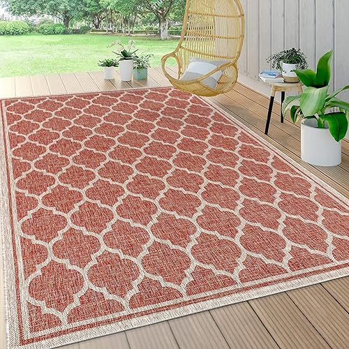 JONATHAN Y SMB109C-5 Trebol Moroccan Trellis Textured Weave Indoor Outdoor Area-Rug Bohemian Modern Easy-Cleaning Bedroom Kitchen Backyard Patio Non Shedding, 5 X 8, Red/Beige