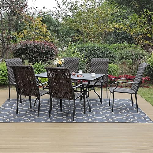 Miniatura 2 de HERA'S HOUSE Juego de comedor de patio de 7 piezas, juego de comedor al aire libre para 6, 6 sillas de comedor de ratán con respaldo alto, 1 mesa