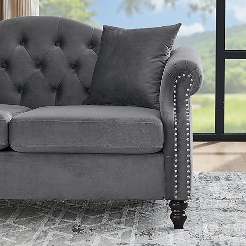 Miniatura 7 de Fulocseny Sofá Chesterfield de terciopelo gris de 79 pulgadas para sala de estar, 2 piezas, sofá de 3 plazas, con botones copetudos, respaldo
