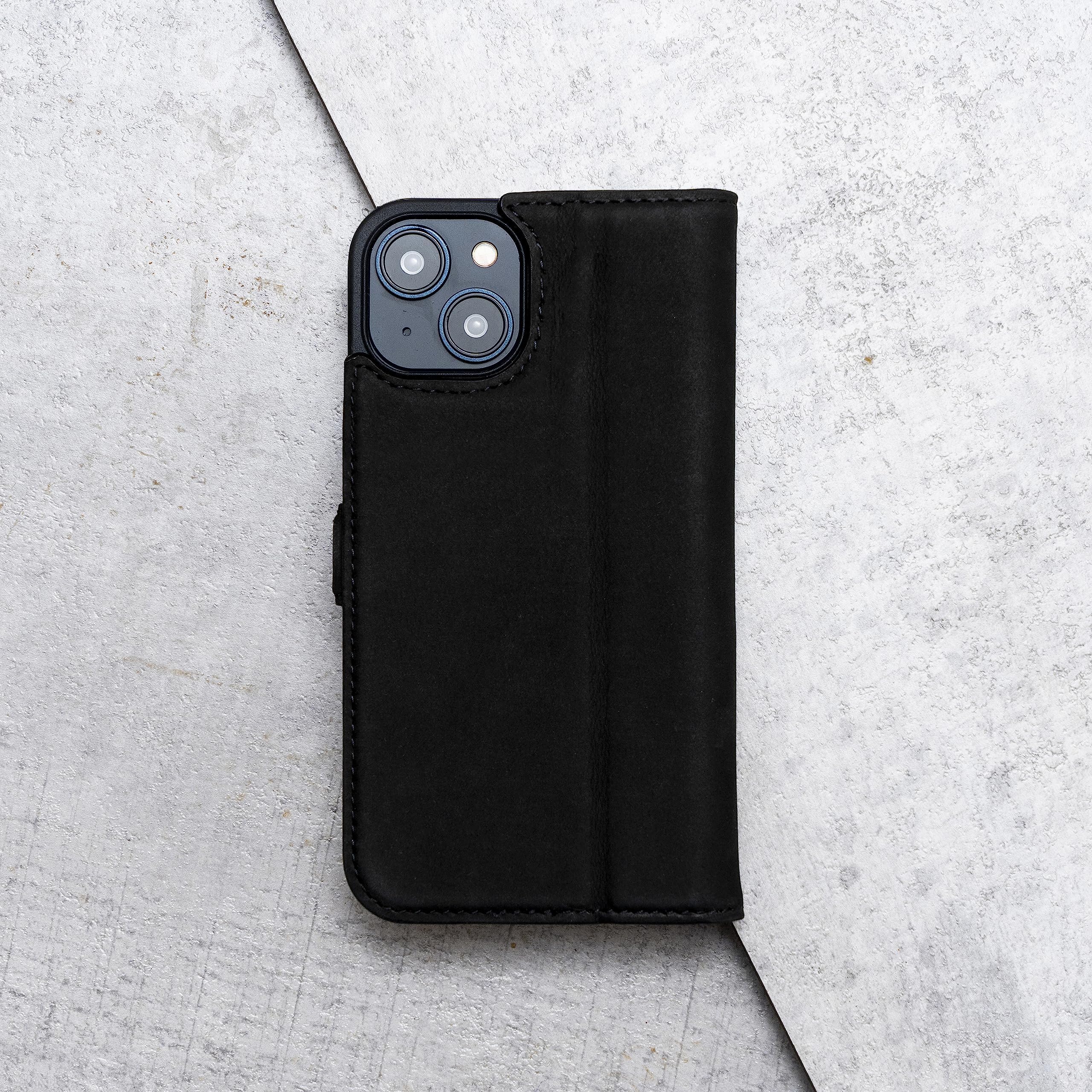 PORTER RILEY - Skórzane etui na iPhone'a 13 (6,1 cala). Premium prawdziwa skóra stojak/pokrowiec/portfel/etui z klapką z [przegródkami na karty] [poziomy stojak] [wytrzymała ramka] (czarny