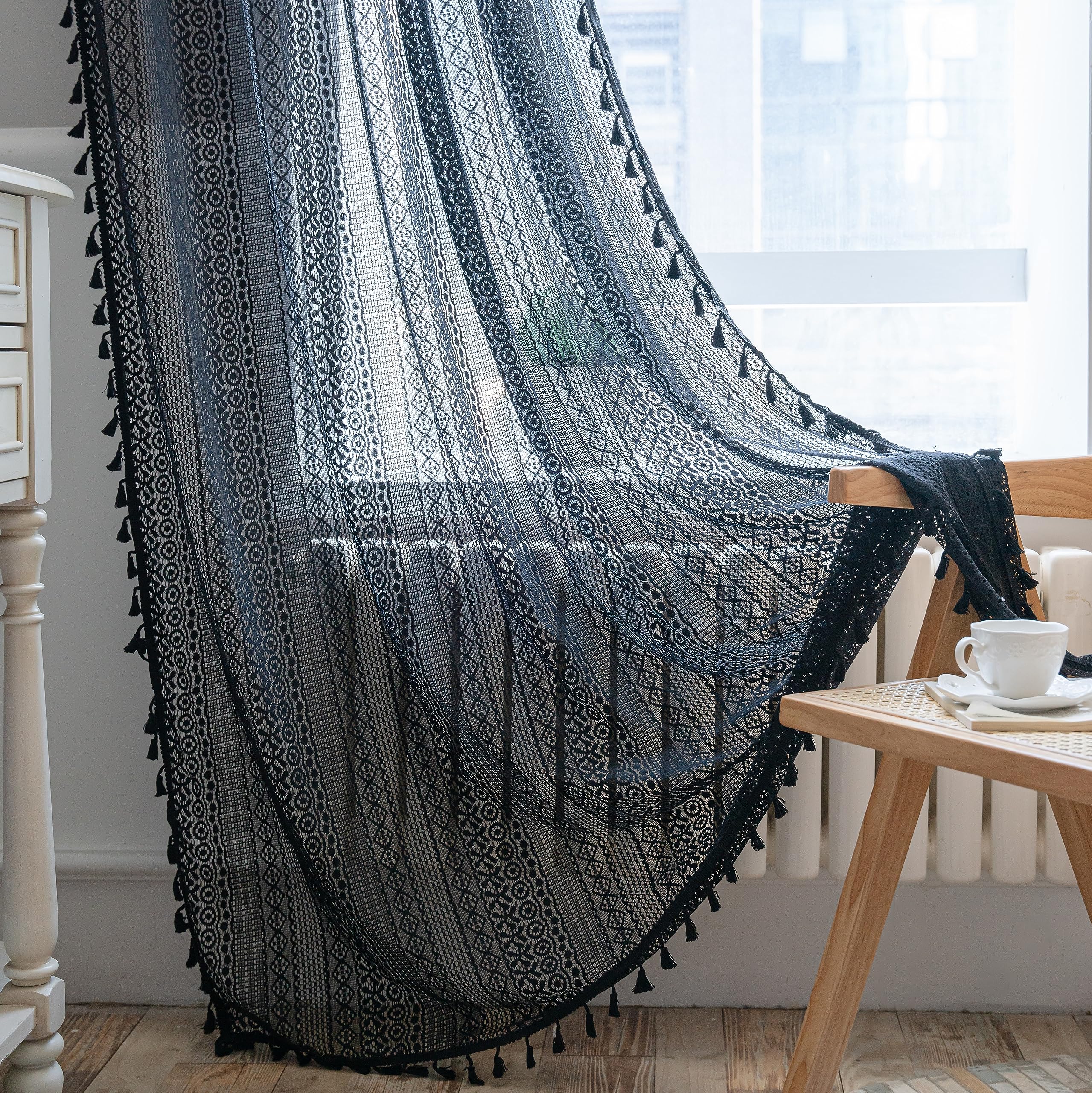 Sutuo Home Black Crochet Boho Curtain 63 Inches Length, Sheer Lace Handmade Tassels Knitted Window Treatment Vintage Rustic Bohemian Farmhouse Drape for Bedroom Rod Pocket 1 Panel 59" W x 63" L — image 1