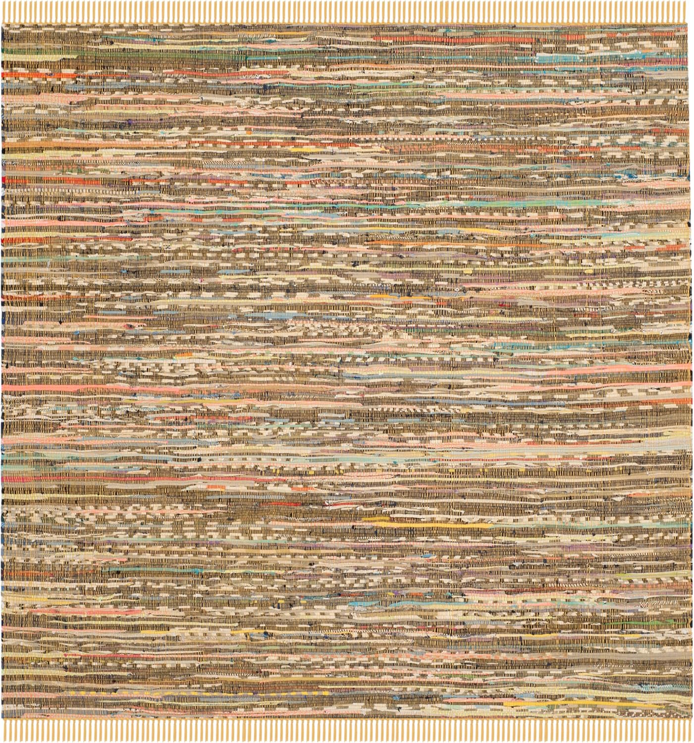 SAFAVIEH Rag Rug Collection Area Rug - 6' Square, Yellow & Multi, Handmade Boho Stripe Cotton, Ideal for High Traffic Areas in Living Room, Bedroom (RAR121H)