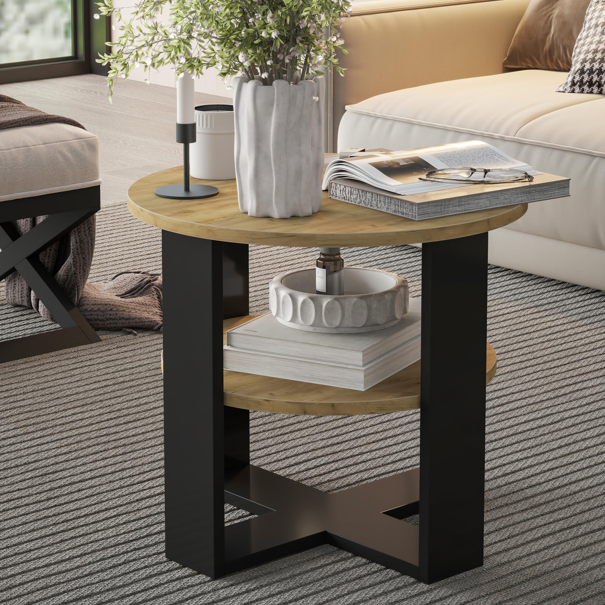 defiPad Table Basse Ronde Ø53 cm – Table d’appoint Bout de canapé avec étagère, 2 Niveaux, Meuble de Salon Moderne, Noir et chêne, Design Industriel, fabriquée en UE
