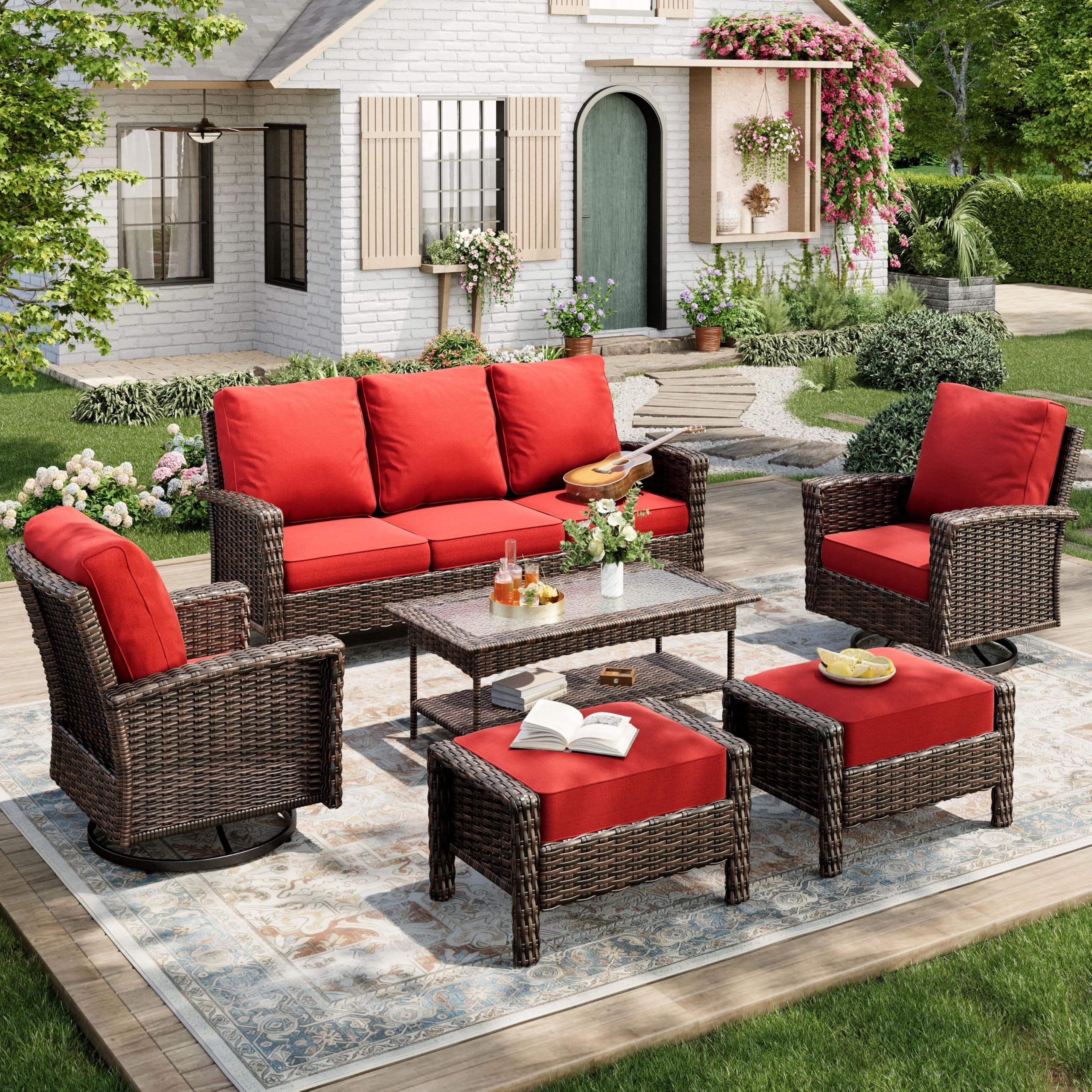 MIXPATIO 6-Piece Wicker Patio Furniture Set with Swivel Chairs, High Back Outdoor Furniture with 5.5-inch Thick Cushion and Ottoman, All-Weather