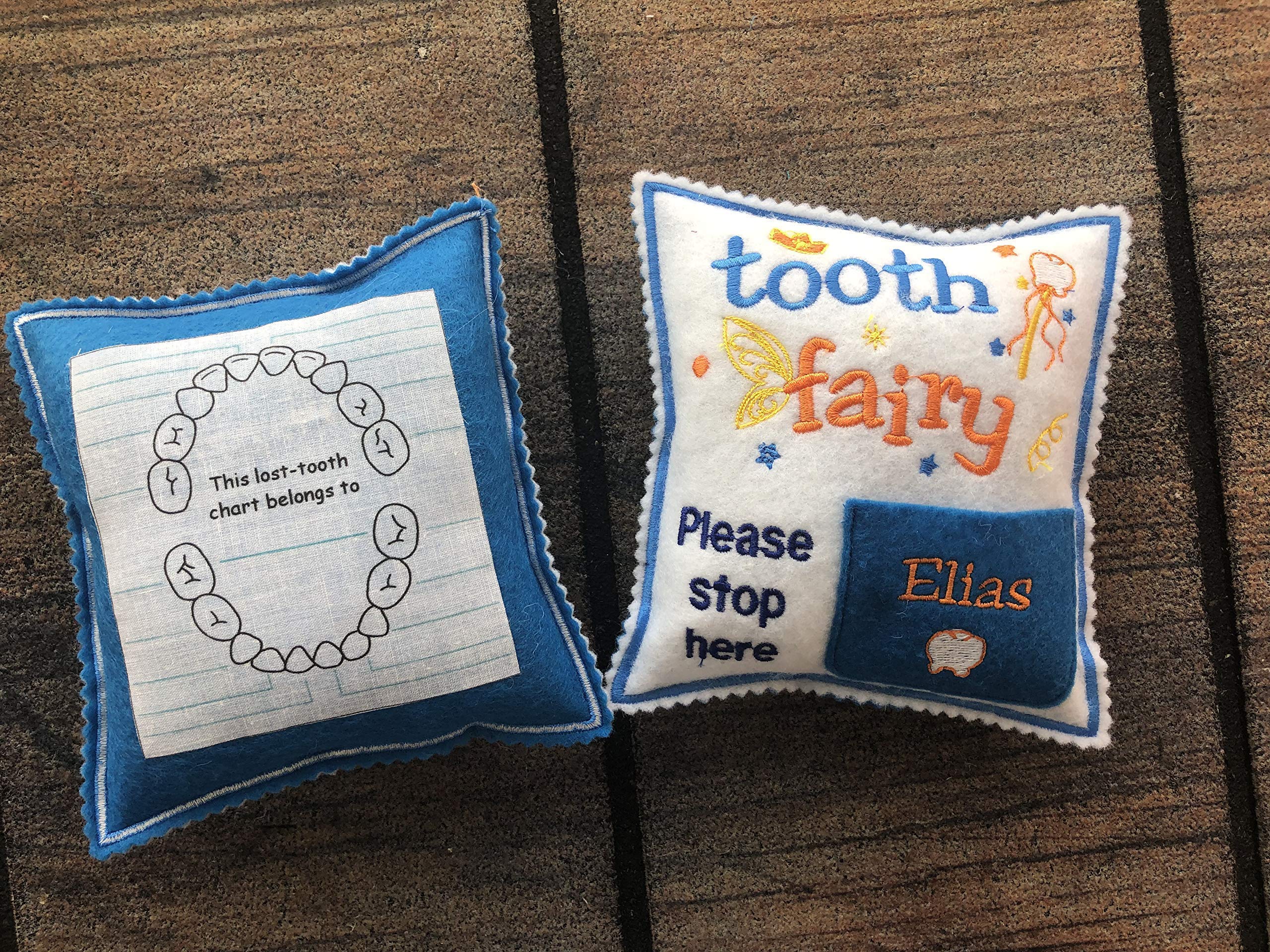 Tooth Fairy Pillow Personalized, Children Plush Toy with Money Exchange Pocket and Tooth Chart in the Back (Blue Pocket)