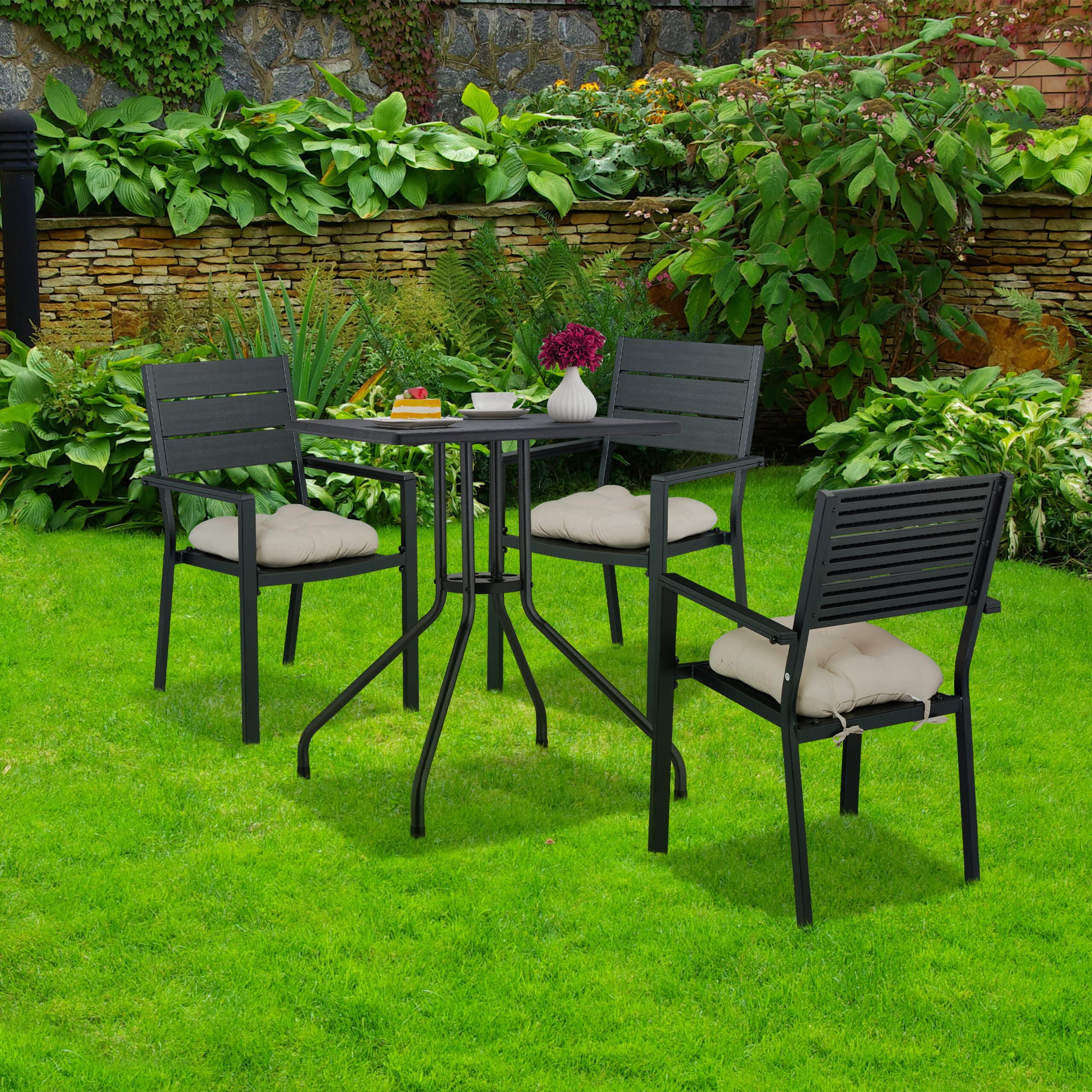 Relaxdays Tavolino da Giardino, HLP: 75x61x61 cm, Tavolo Quadrato da Balcone, in Plastica Effetto Legno e Acciaio, Nero