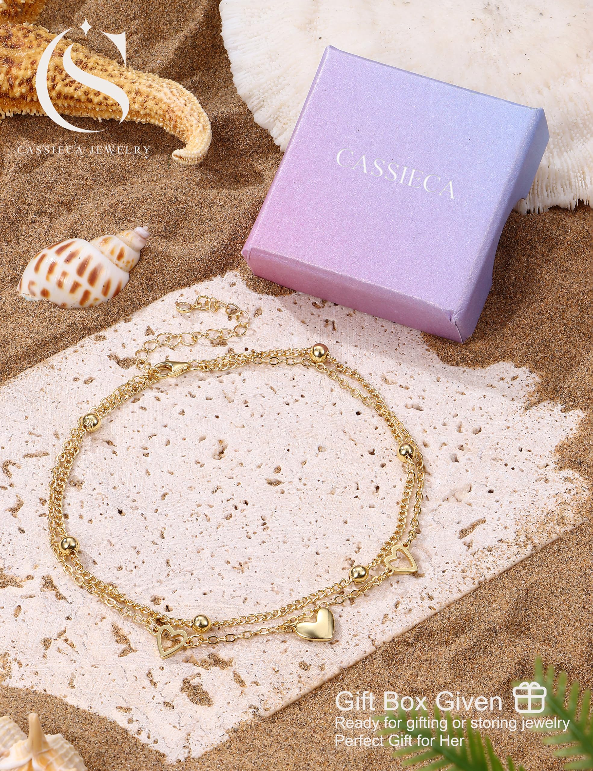 CASSIECA Cavigliera Donna Cavigliera Argento 925 Impermeabile Cavigliera Argento Oro Cavigliere Regolabile con Zirconi Cuore Perla Gioielli Spiaggia