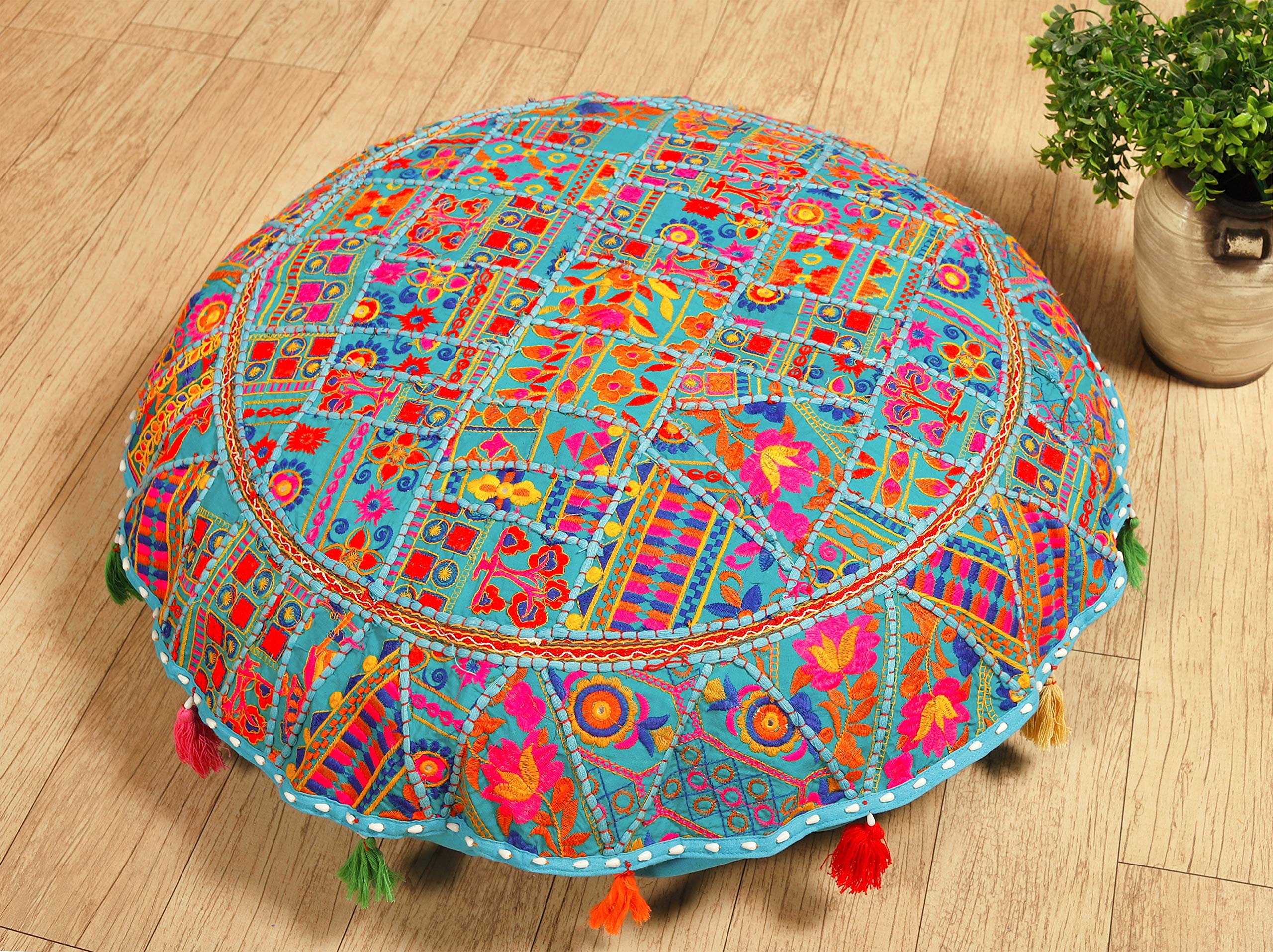 Handicraft-Palace Large Round Floor Pillow Cover Khambadiya Patchwork Cushion Pouf Cases Ottoman Sham Meditation Cushions Cover 32" Inch (Turquoise)-image-14