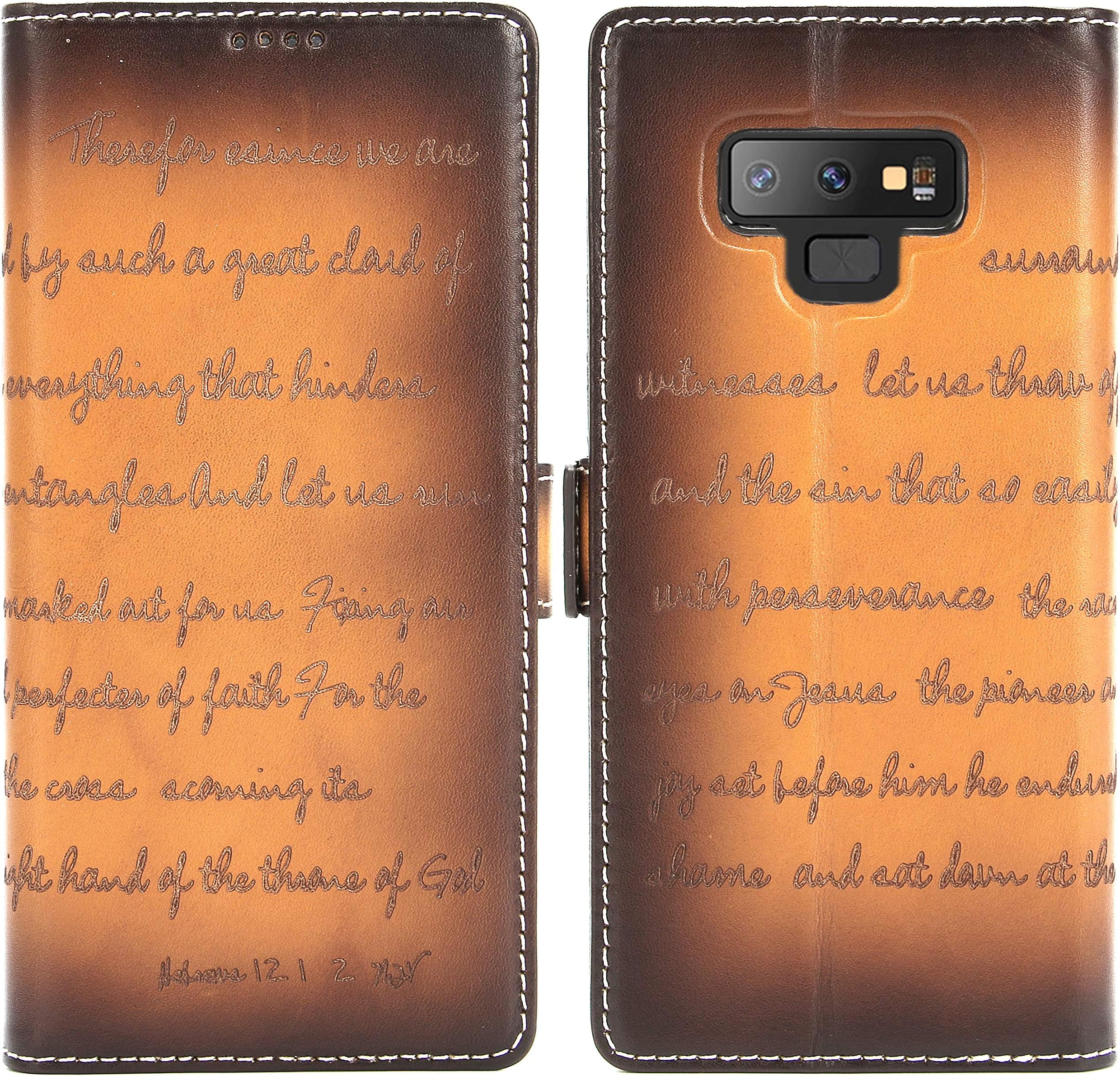 Galaxy Note 9 Leather Case Bible Verse Series Vegetable Tanned Full Grain Leather Flip Wallet Case for Samsung Galaxy Note 9 with Magnetic Closure - Retro Cognac