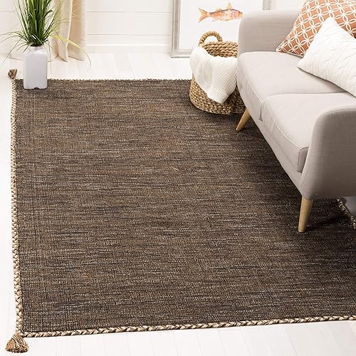 SAFAVIEH Colección Montauk Alfombra Decorativa - 4' x 6', Marrón y Negro, Tejido Plano de Algodón Hecho a Mano con Borlas en las Esquinas, Ideal