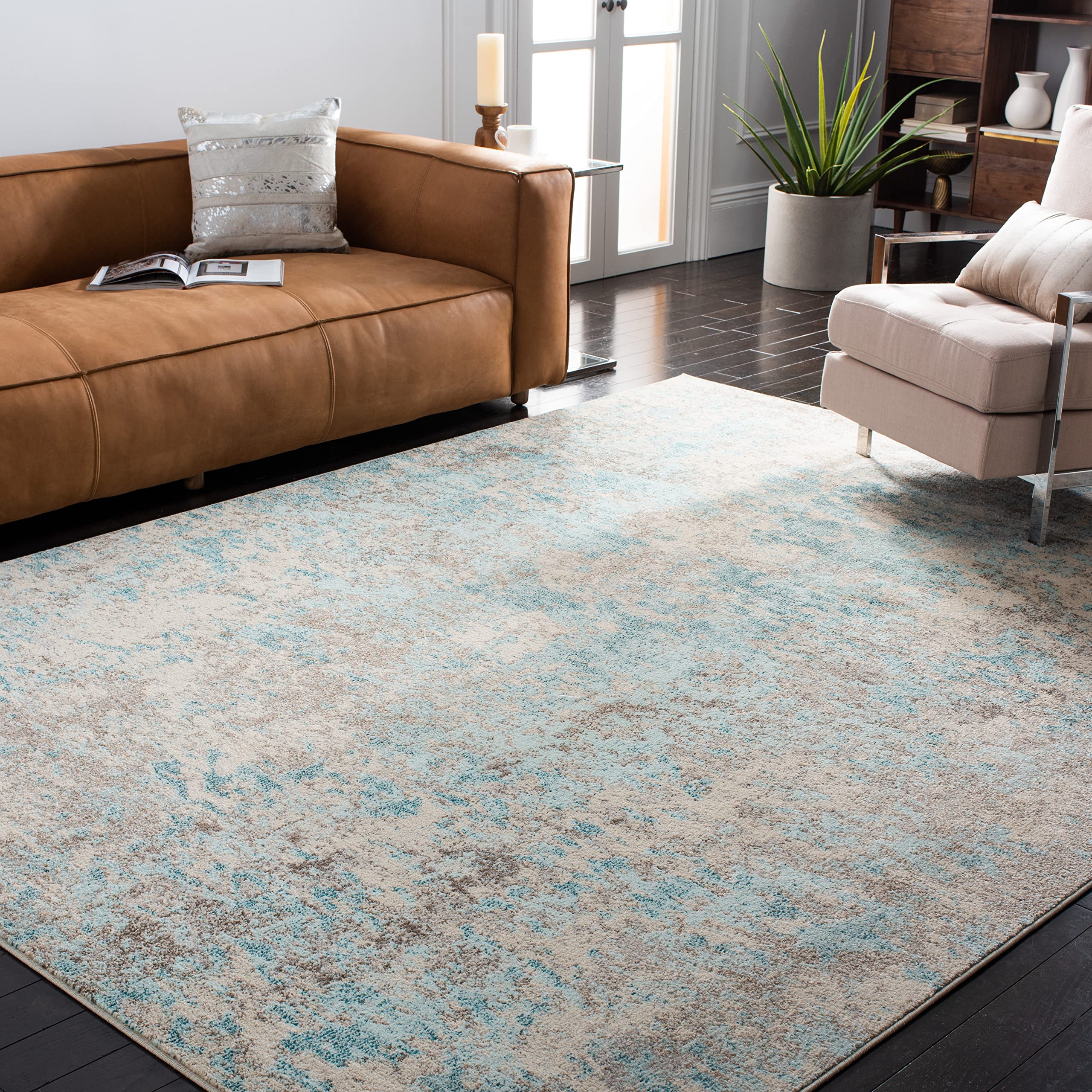 SAFAVIEH Madison Collection Area Rug - 9' x 12', Ivory & Teal, Modern Abstract Design, Non-Shedding & Easy Care, Ideal for High Traffic Areas in