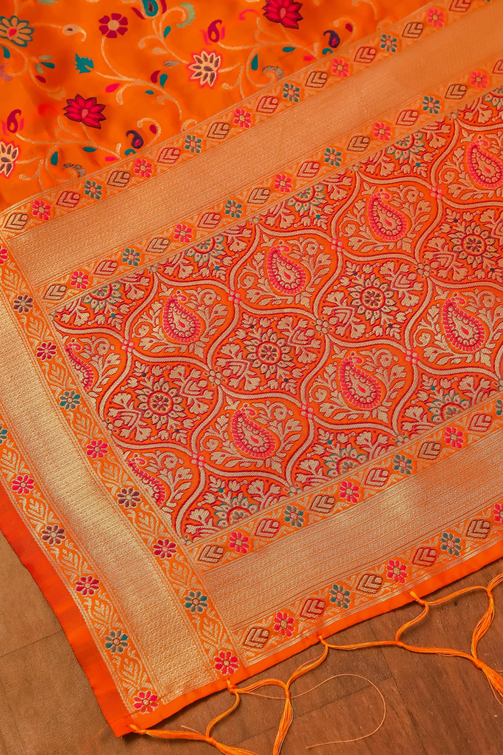 DEVANGI Women's Woven Banarasi Kashmiri Silk Jacquard Dupatta/Chunni with Meena Work, Width 1 Meter, Length 2.5 Meter (OM-DT-21-ORANGE-F) 2