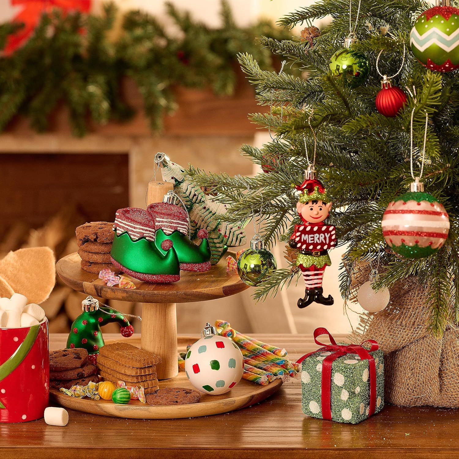DecorbyHannah 120ct Christmas Ornaments Set, Elf Red Green White Christmas Tree Decorations, Assorted Shatterproof Plastic Hanging Ball Ornaments Bulk for Xmas Home Party Indoor Decor (Value Pack)