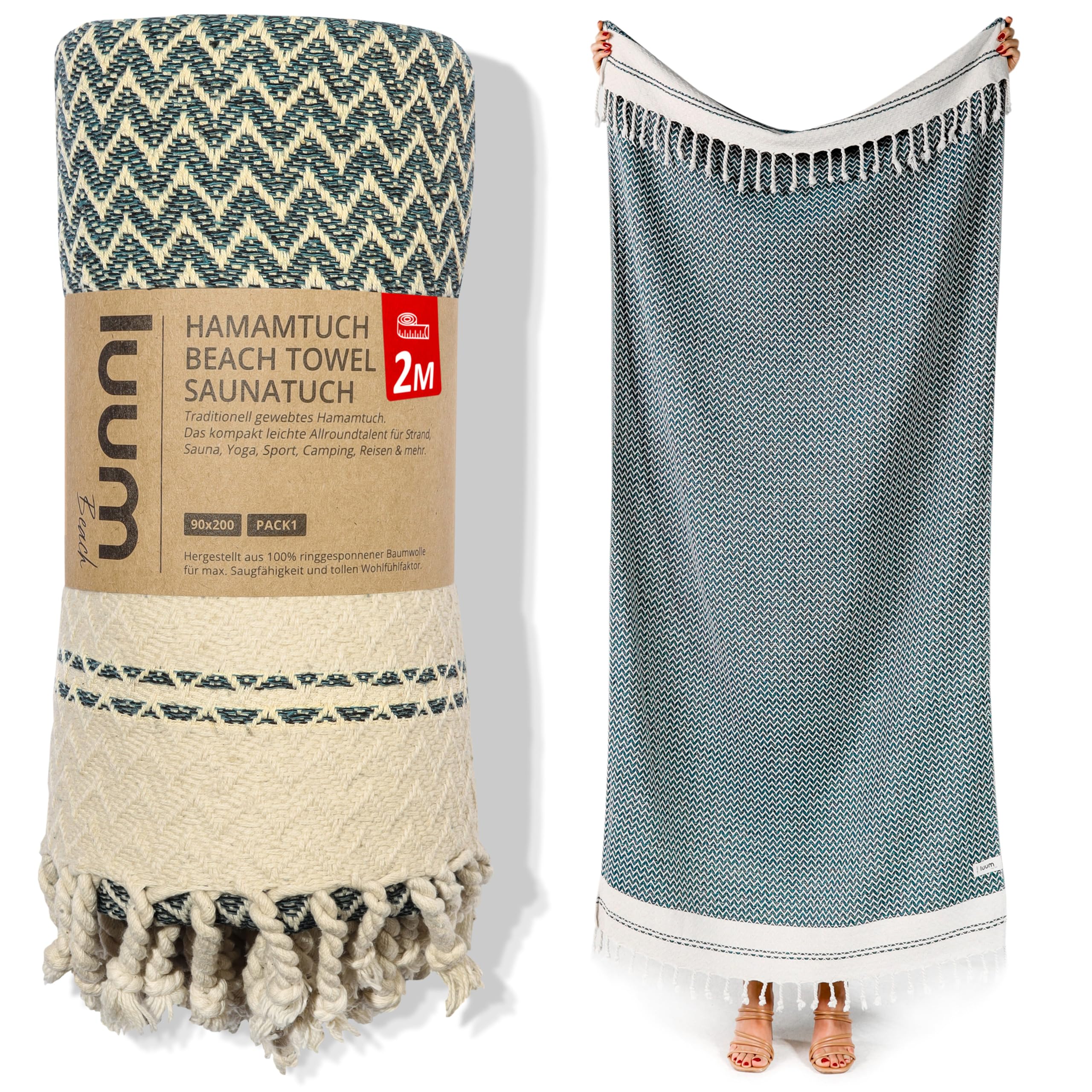 Luum® Strandtuch groß 90x200 Hamamtuch Saunahandtuch Badetuch Handtuch Yogatuch Duschtuch Strandhandtuch Saunatuch Reisehandtuch Turkish Towels, Damen Herren, 100% Baumwolle, Petrol