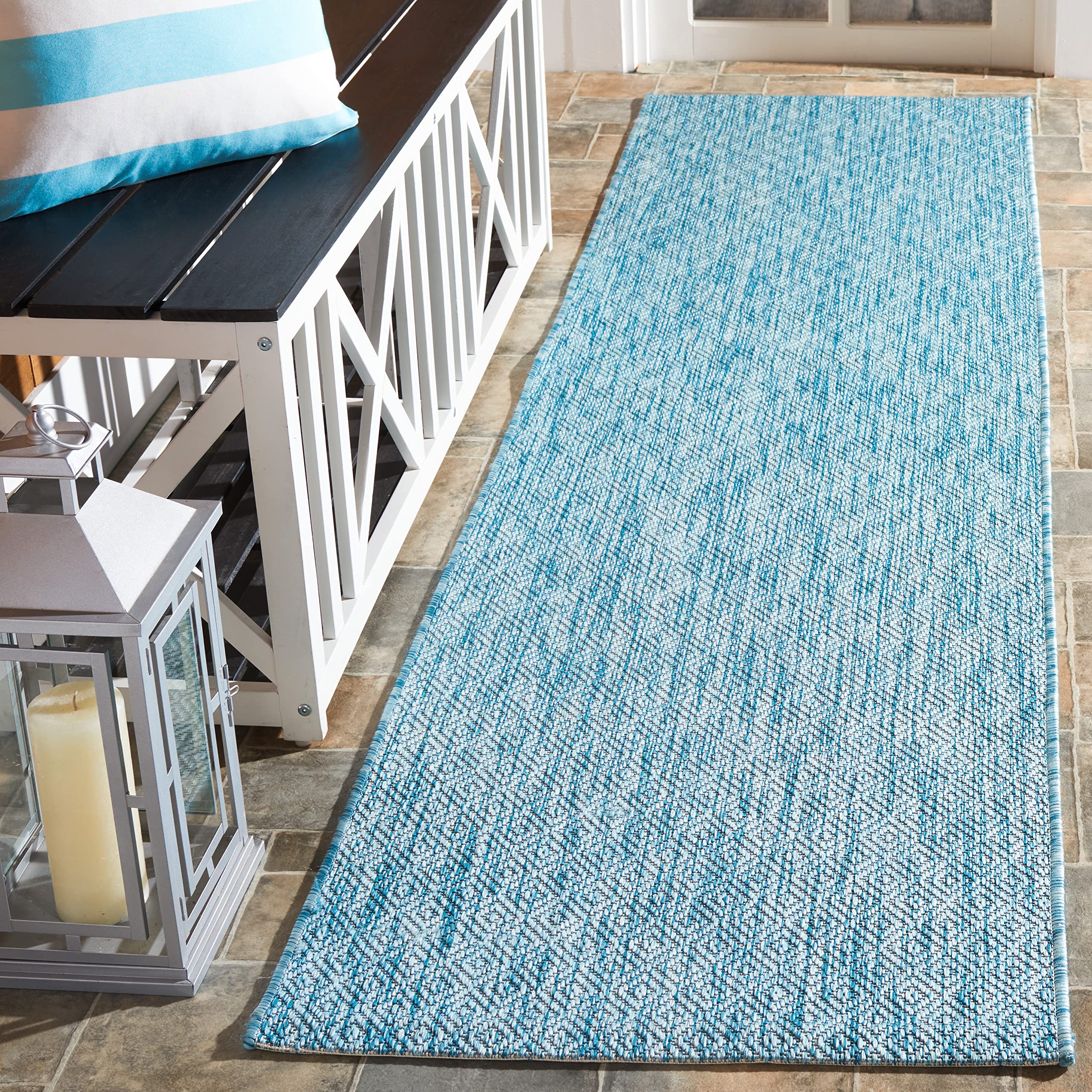 SAFAVIEH Washable Rug Outdoor Courtyard Collection - 2'3" x 14' Runner, Aqua Blue, Non-Shedding & Easy Cleaning, Ideal for Patio, Entryway, Mudroom,