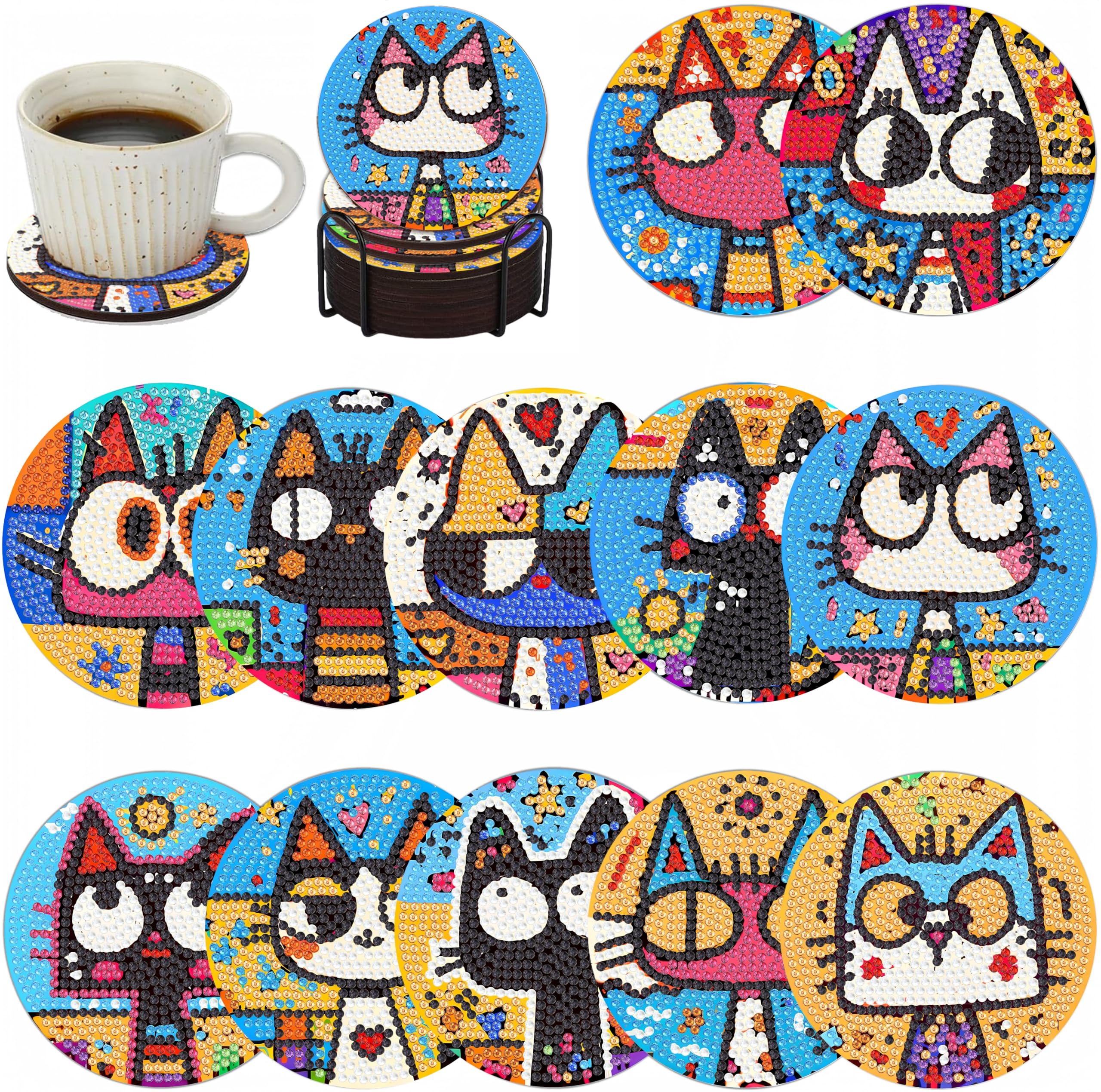 Bulerrylulu 12 Pcs Cat Diamond Painting Coasters Kits with Holder,Diamond Art Coasters Set for Drinks Coffee Table, Gem Painting kit for Beginners Adults DIY Art Craft Gifts Home Decors