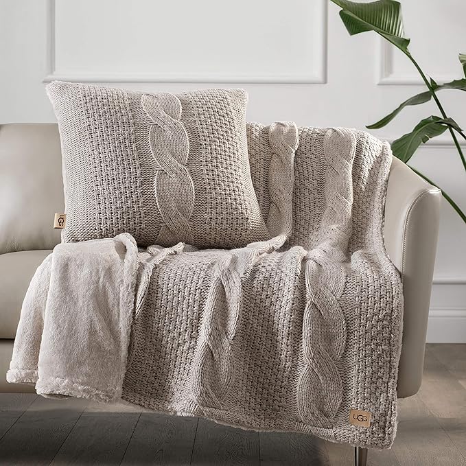 UGG Erie Blanket Cable Knit Faux Fur Accent Throw Fully