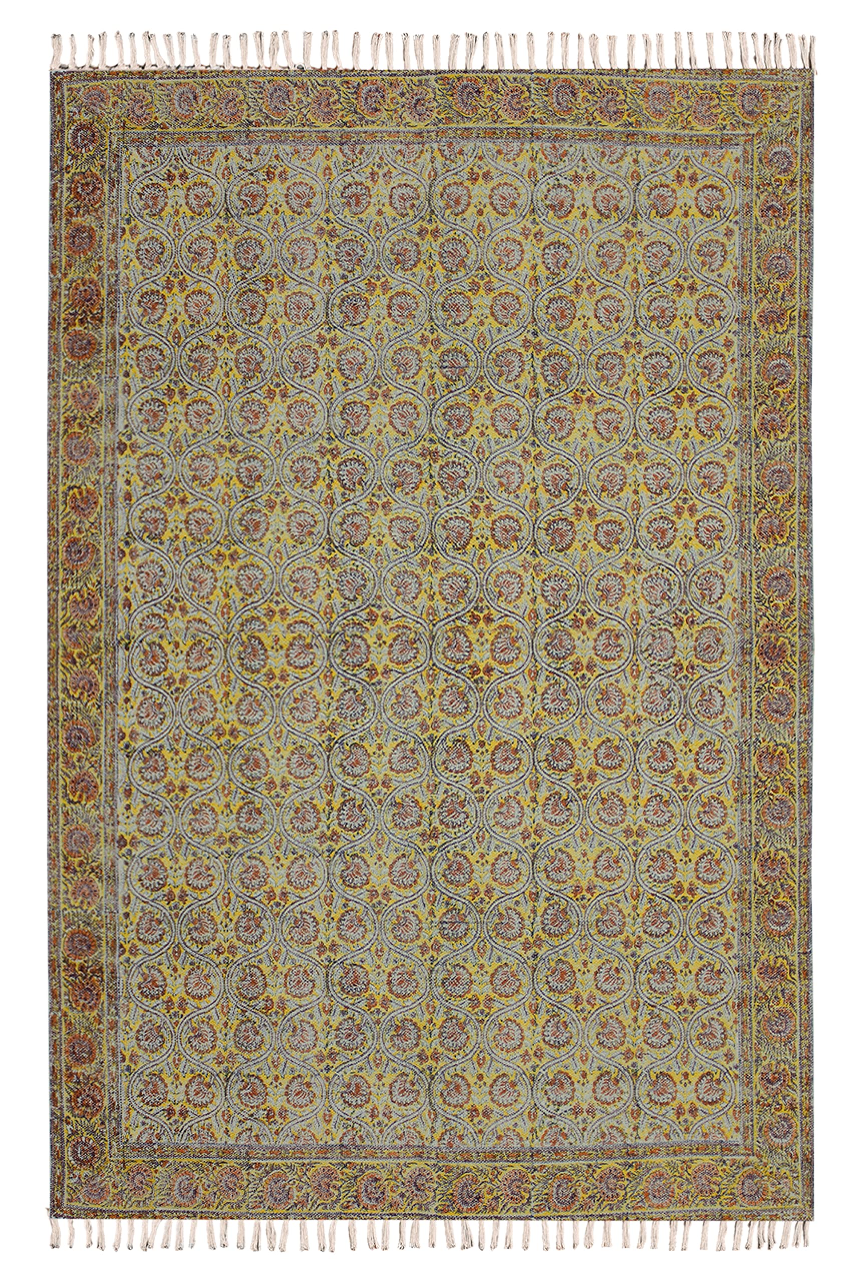 CASAVANI Collection Rectangular Area Rug - 12x18 Ft' Yellow & Red Hand Block Printed Cotton Dhurrie Floral Kilim Rug Indoor Outdoor Use Carpet Flatweave Rugs for Bedroom Dining Room Living Room