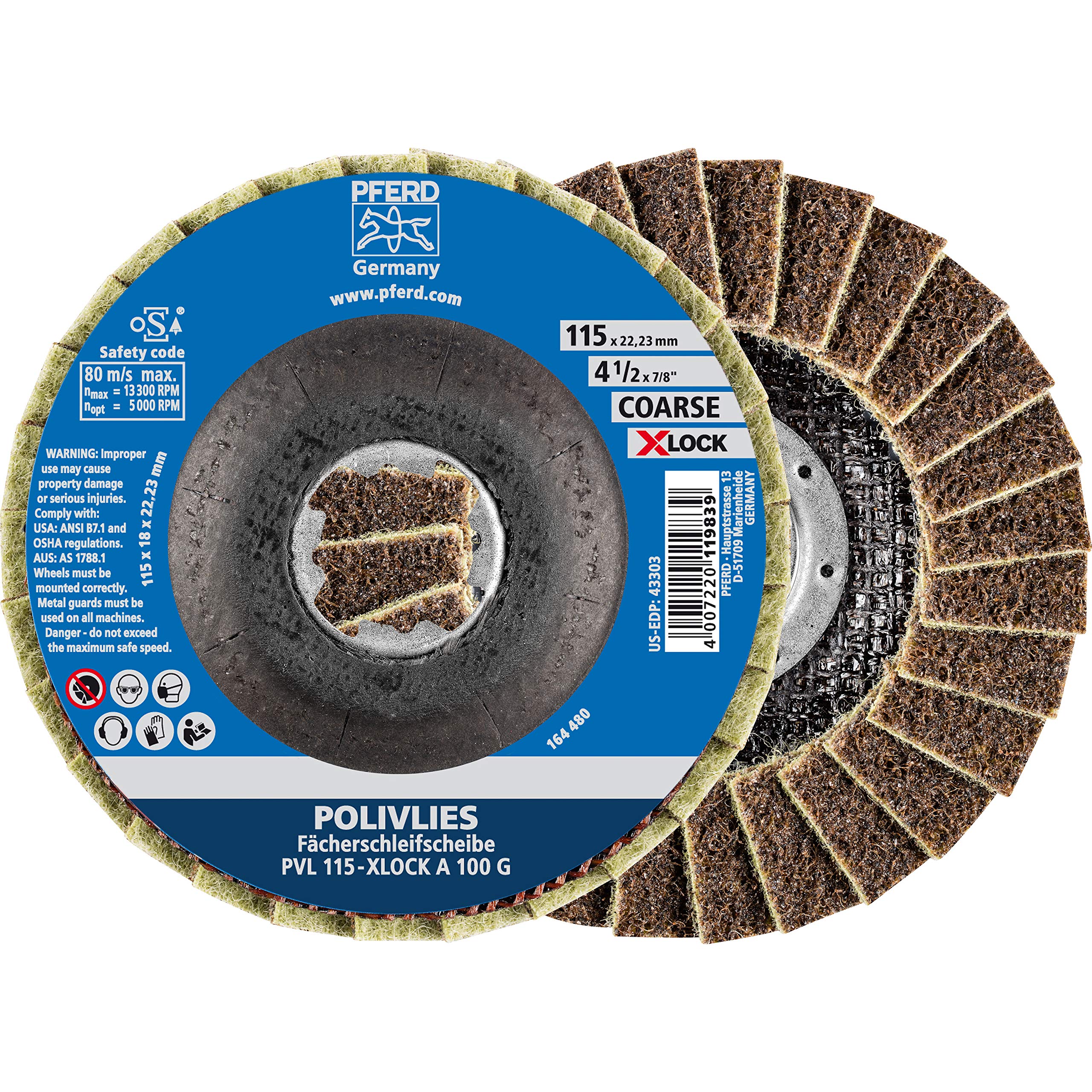 PFERD POLIVLIVLIES 44694201 Fan Disc, Pack of 5, 115 mm, A100, Coarse, X-Lock (22.23 mm), for Quick and Comfortable Tool Change