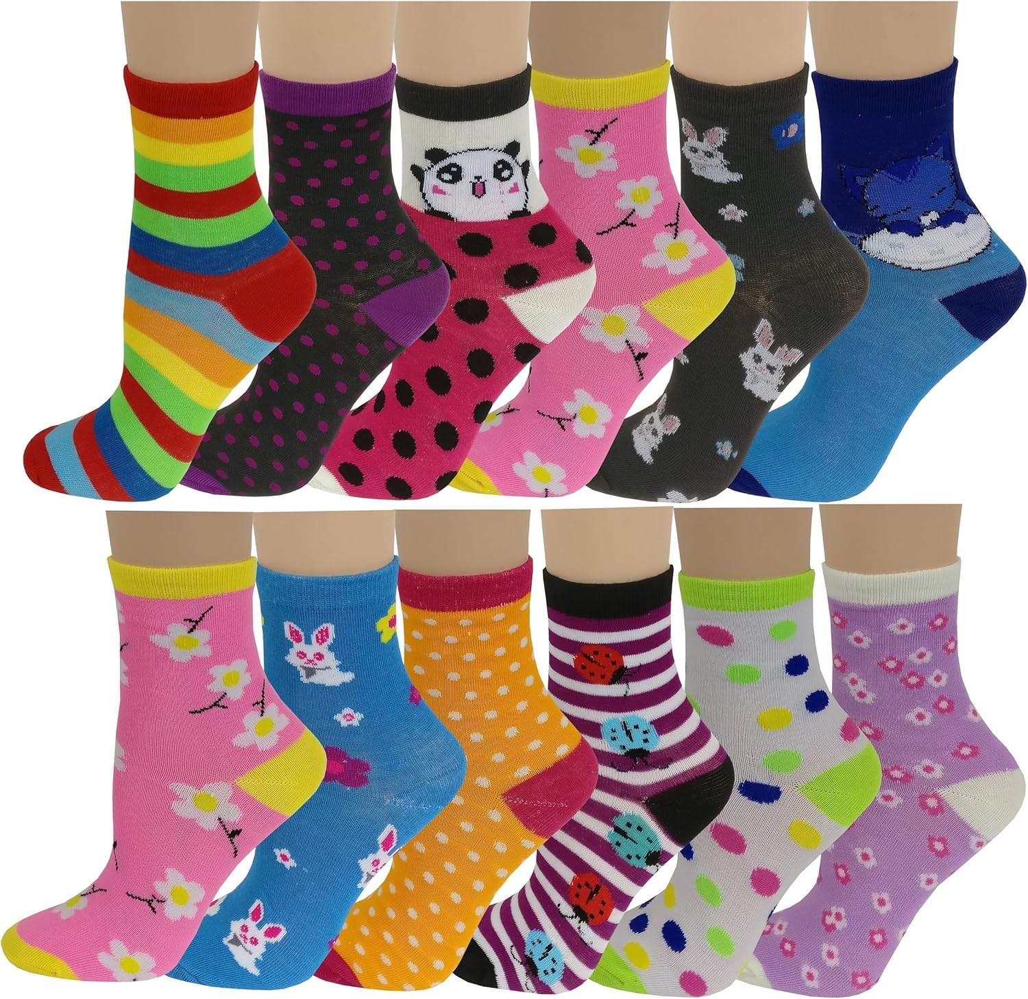 Ayla 12 Pairs Pack Kids Girls Colorful Creative Fun Novelty Design Crew Socks (6-8, Assorted Design)