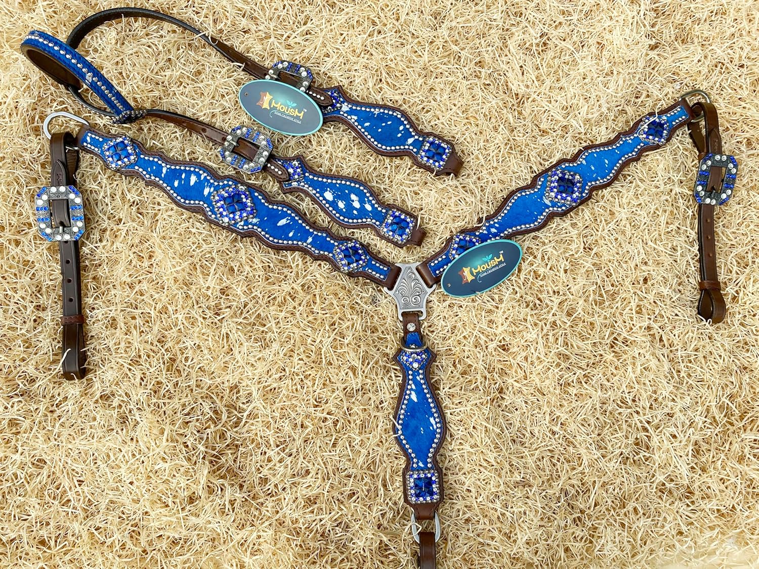 Western Leather Headstall & Breast Collar Set for Horses - Valentine’s Day Silver Metallic Cowhide with Rhinestones