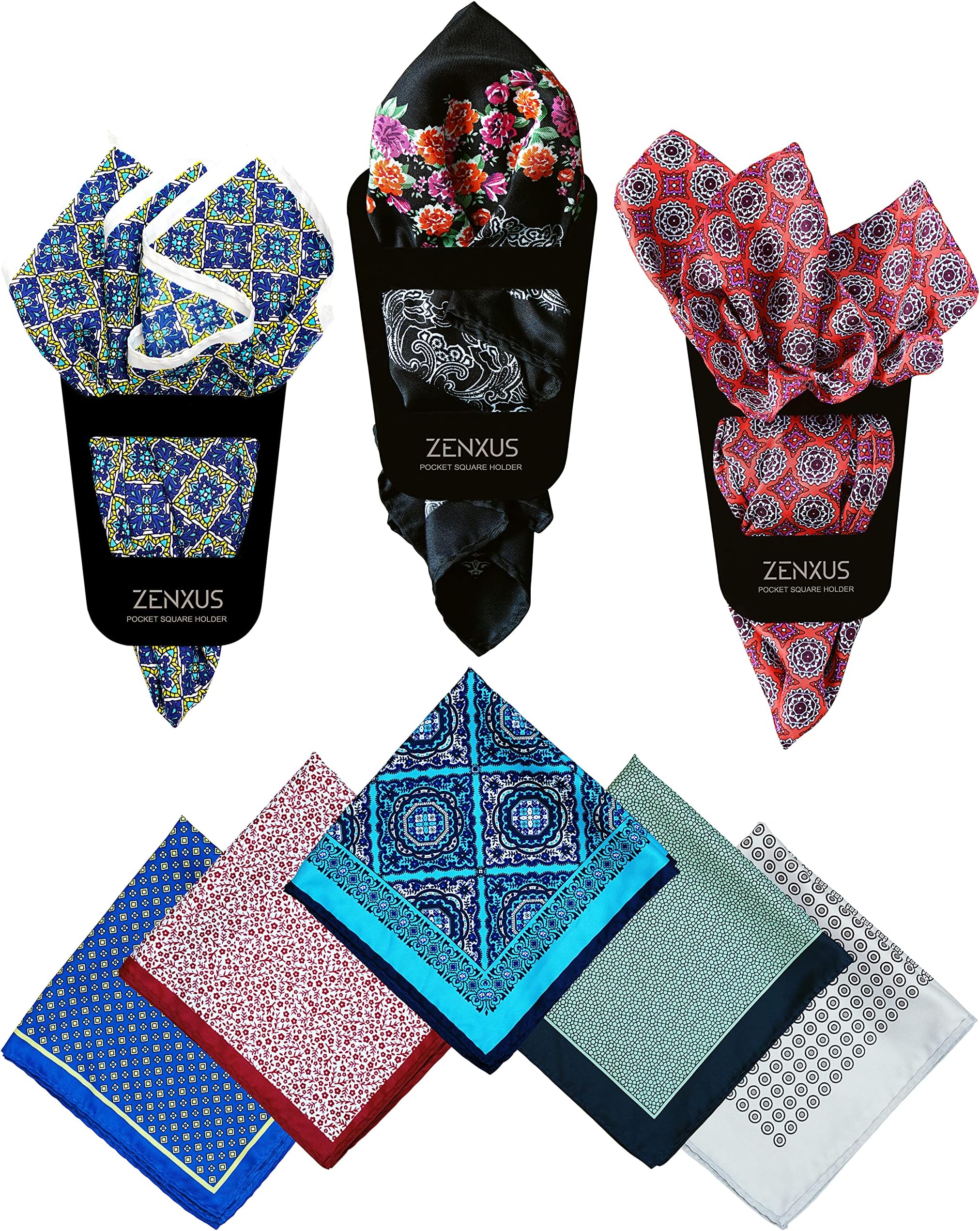 Printed Pocket Squares 8-Pack, plus 3 Folds Holder, Penetrating Printed Men's Handkerchiefs, Sewn by Hand