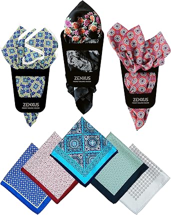 Printed Pocket Squares 8-Pack, plus 3 Folds Holder, Penetrating Printed Mens Handkerchiefs, Sewn by Hand