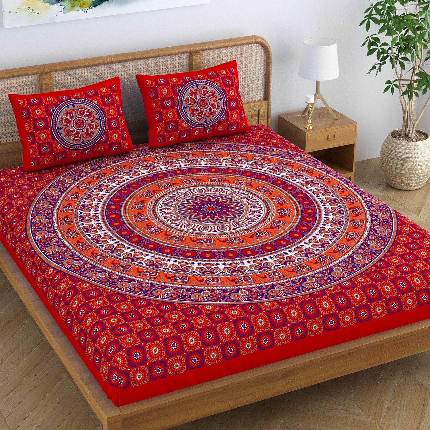 SheetKart Elephant Mandala 144 TC 100% Cotton Double King Size Bedsheet with 2 Pillow Covers, Red