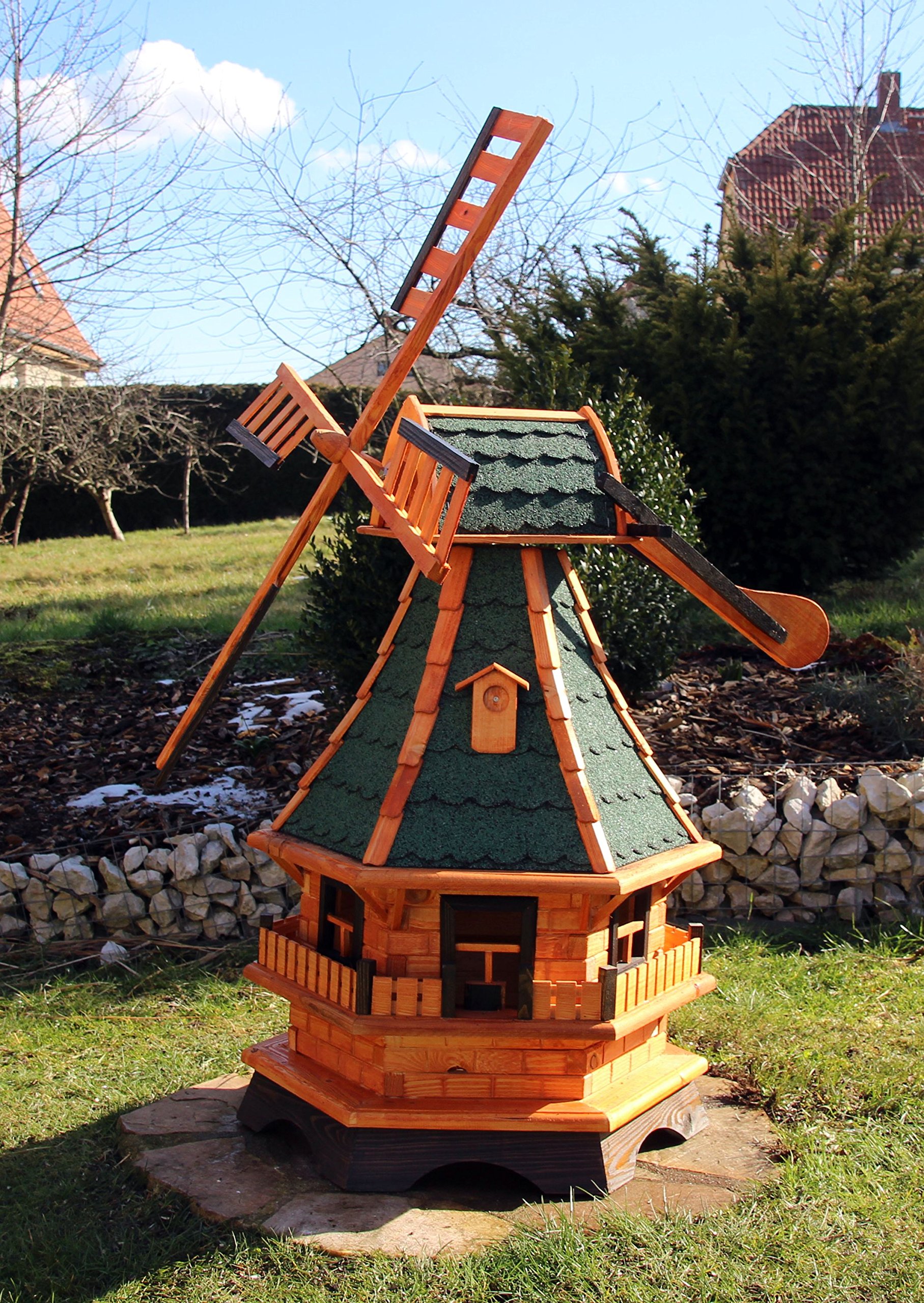 Molino, Molino de viento Madera con Veleta Tipo 18 y Iluminación solar LED - Green, Grande