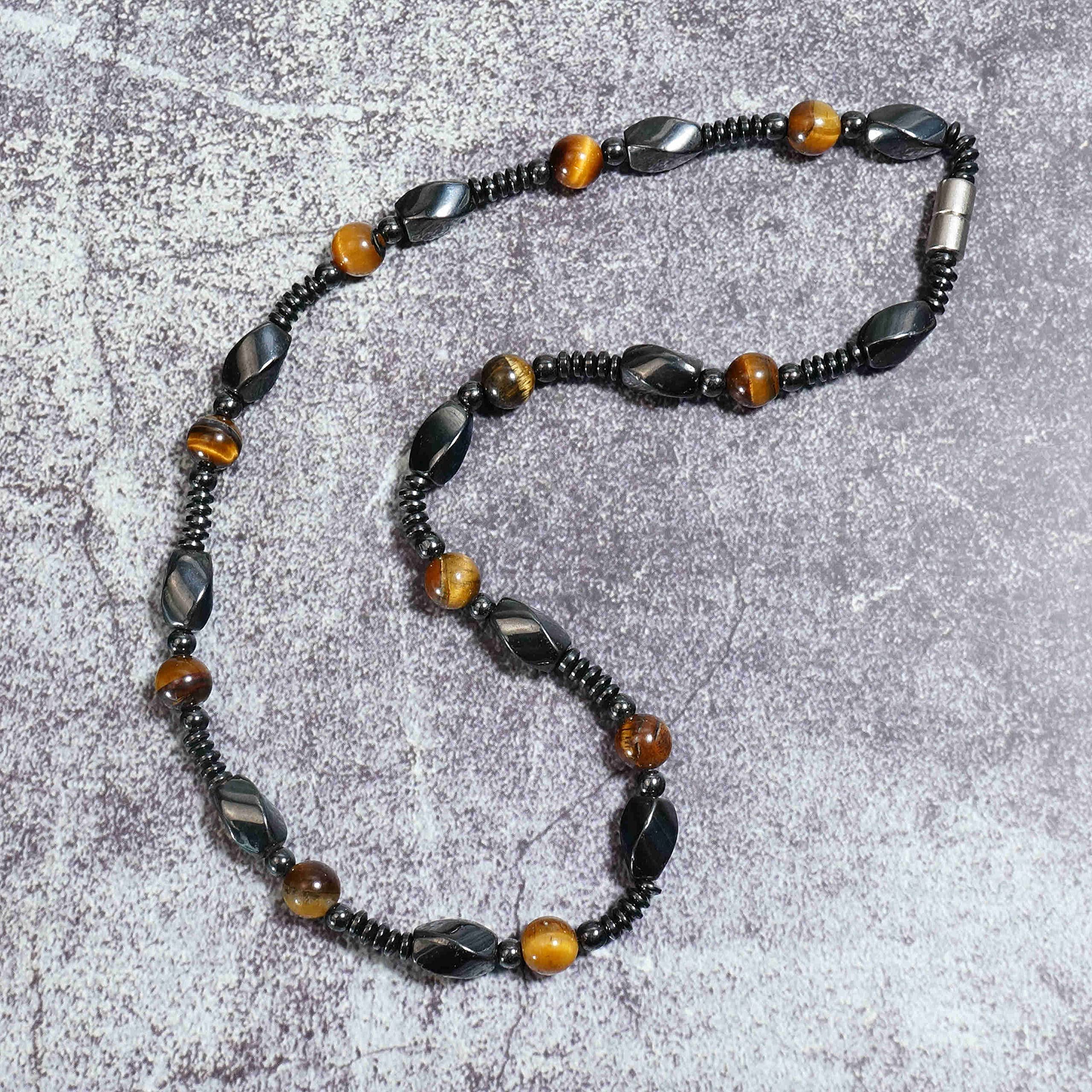 Ensemble collier et bracelet de perles en hématite magnétique et œil de tigre pour homme – Mala sans cou – Ensemble de bijoux (M)