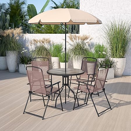 Amazon Com Outdoor 6 Piece Folding Patio Dining Furniture Set With Umbrella Seats 4 Patio Lawn Garden