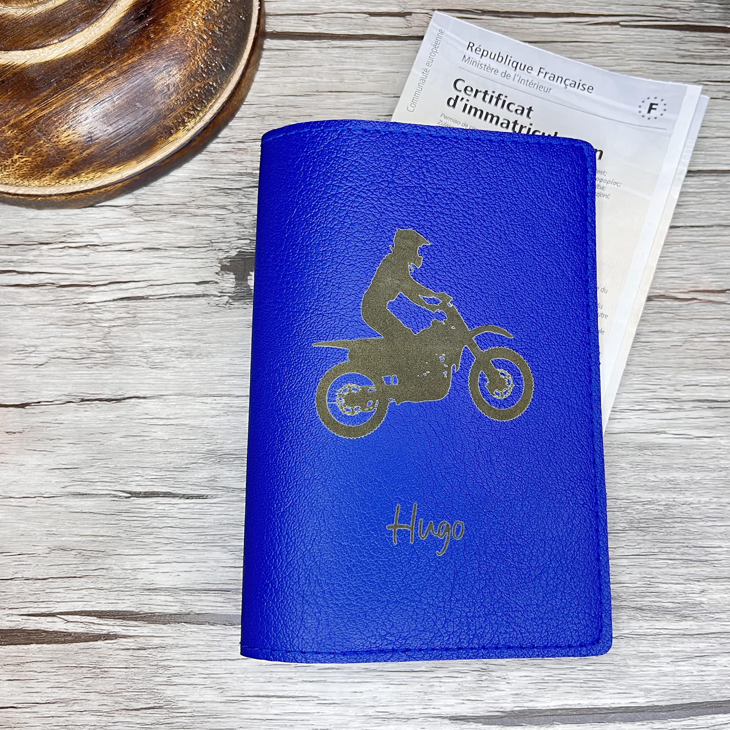Pochette Carte Grise Personnalisée Bleu, Etui Made in France. Porte Personnalisable. Housse Range Papier Véhicule Assurance et Permis
