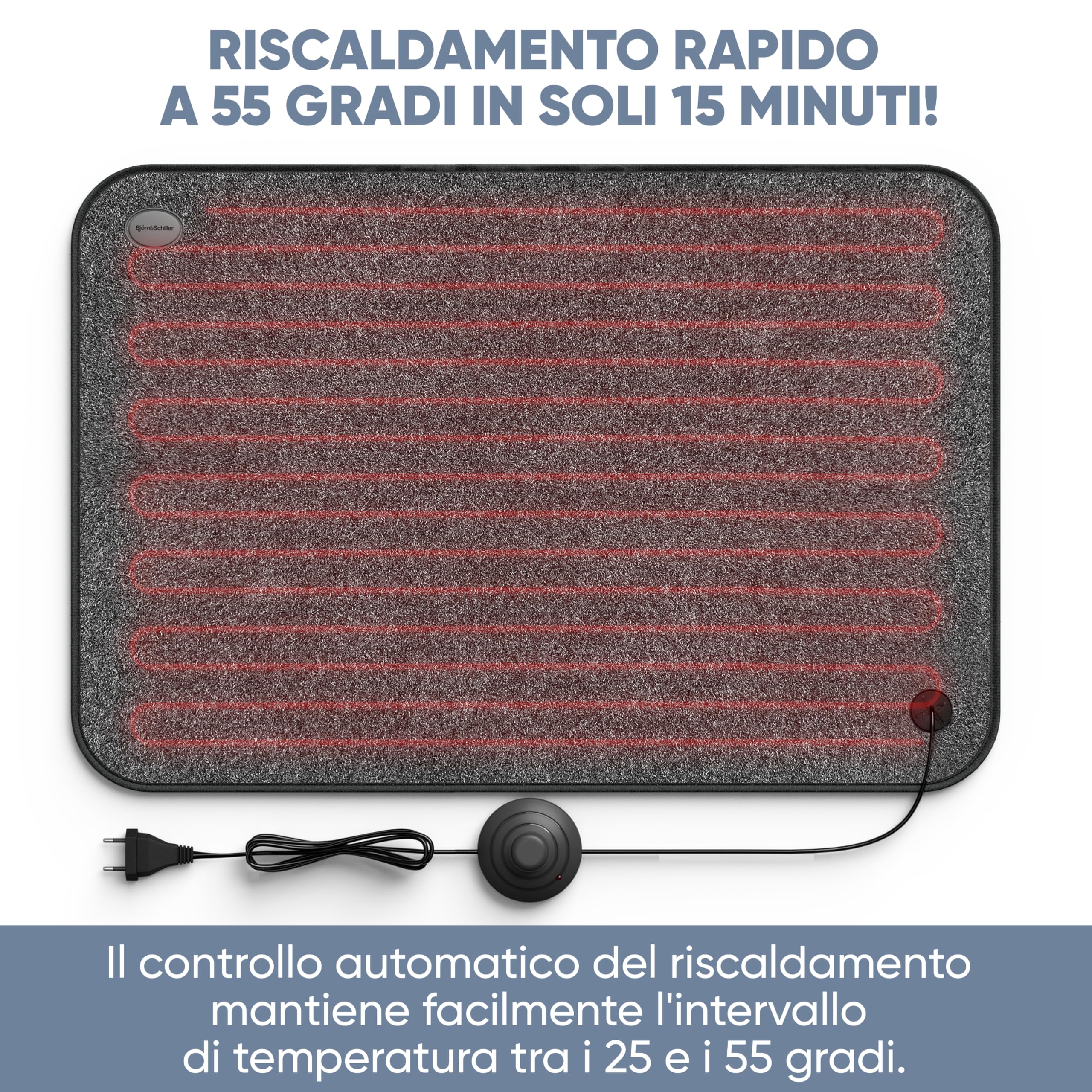 Björn&Schiller Tappetino riscaldante elettrico con interruttore a pedale, tappeto riscaldante piedi per pavimento, 75 Watt, riscalda piedi elettrica, 40x60 cm, per ufficio e casa, cavo da 210 cm