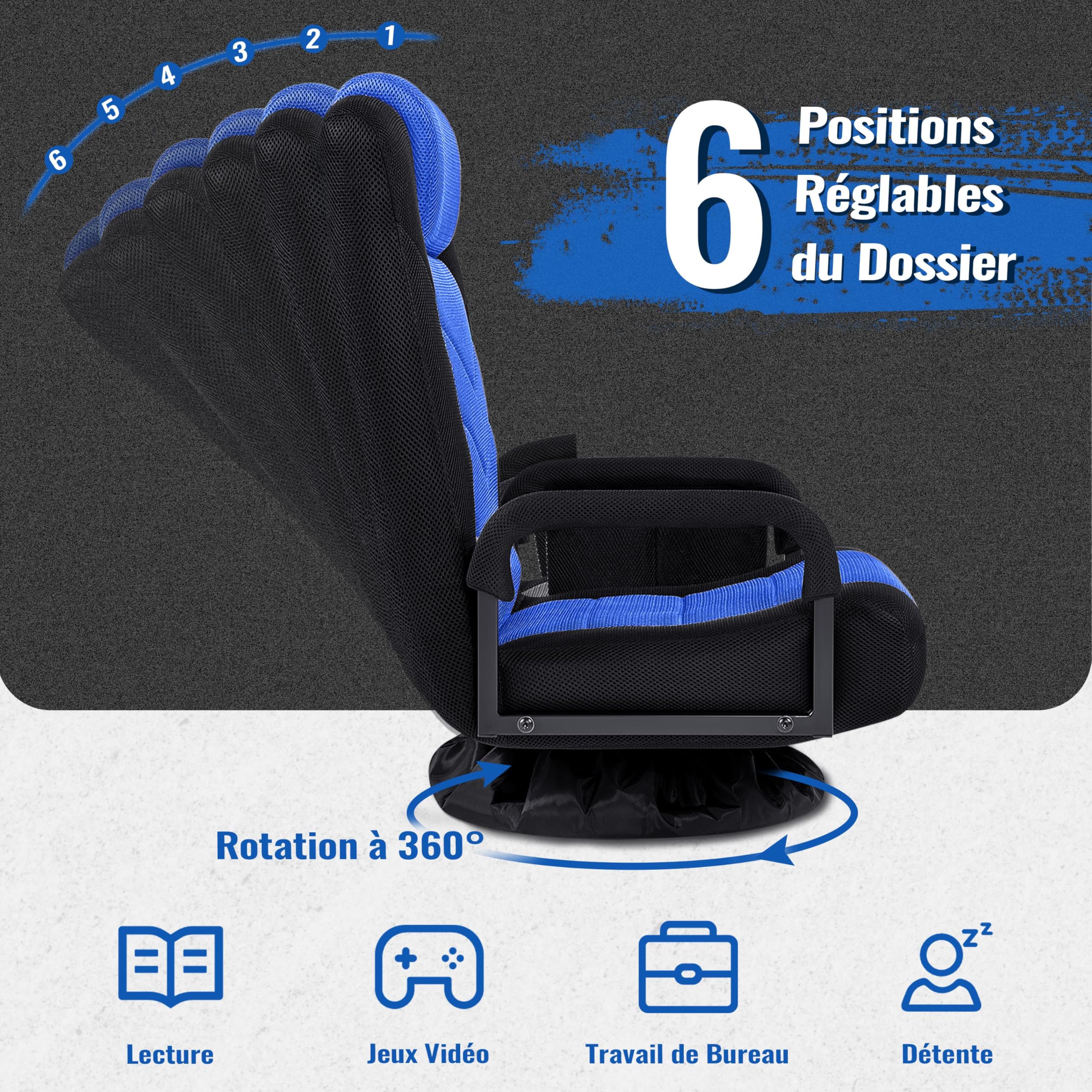Yaheetech Chaise Gaming au Sol avec Dossier Pliable à 6 Positions Réglables et Support Lombaire, Fauteuil Gaming Pivotant à 360° avec Accoudoirs, pour Adultes, Adolescentes, Enfants, Noir/Bleu
