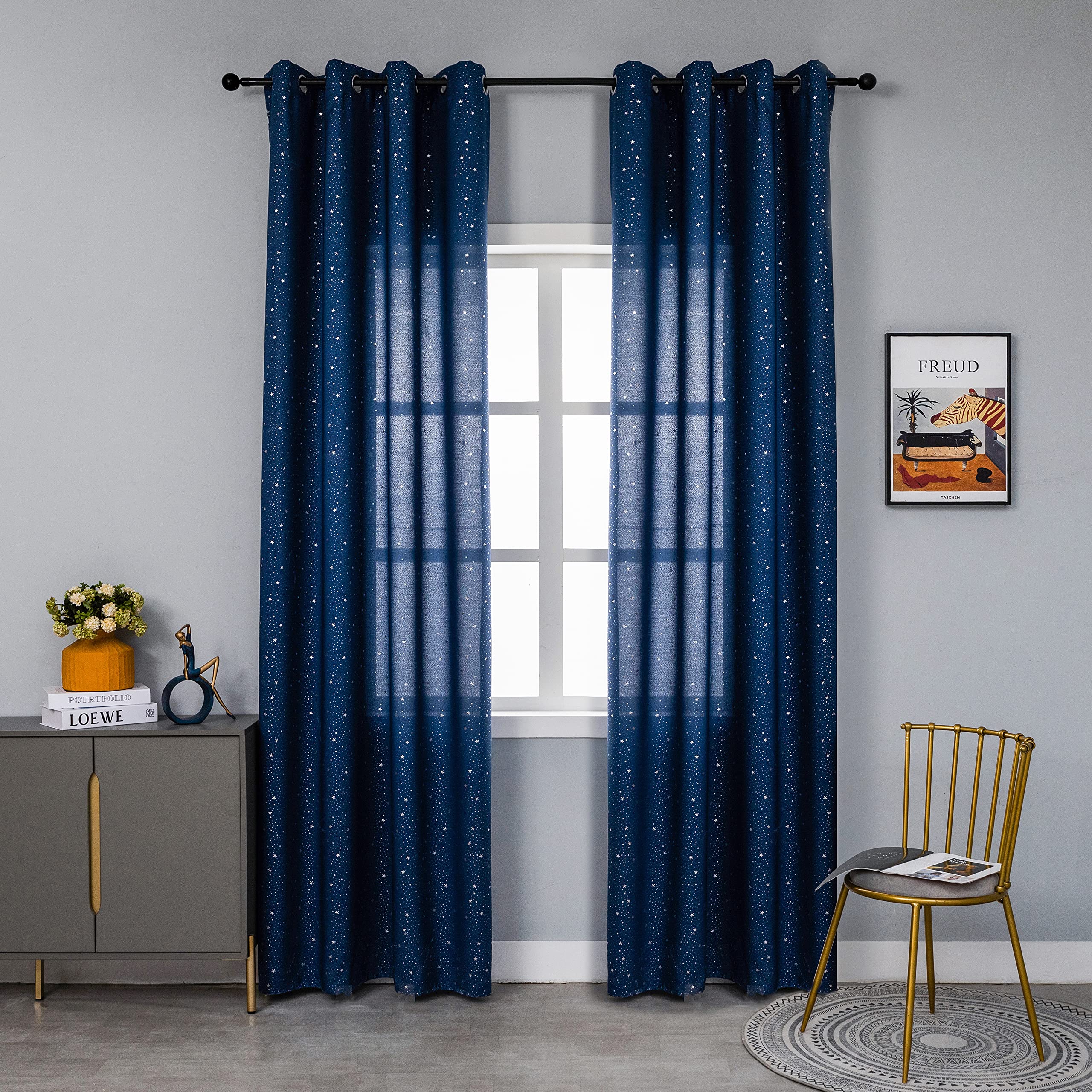 GIRASOLE HOME® Coppia Tende Blu Navy Semi Oscuranti Fantasia Stelline Argentate Tenda per Soggiorno Camera Cameretta Cucina e Interni 2 Pannelli con Occhielli (Blu Navy, 140x290cm)