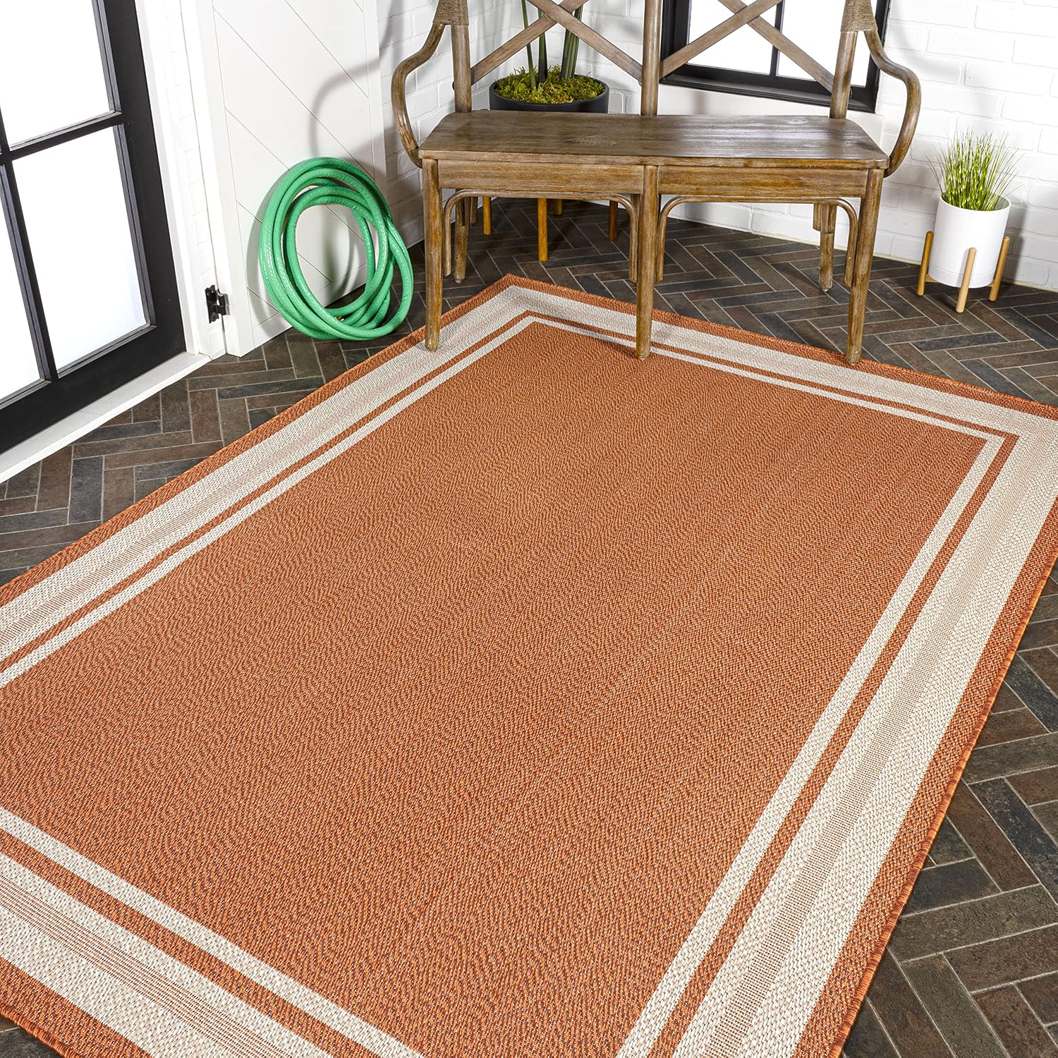 Eyely BMS201D-5 Santa Monica James Modern Border Stripe Indoor/Outdoor Area Rug Traditional;Coastal, Bedroom, Kitchen, Backyard, Patio, Easy-Cleaning, Non-Shedding, 5 X 8, Orange/Cream